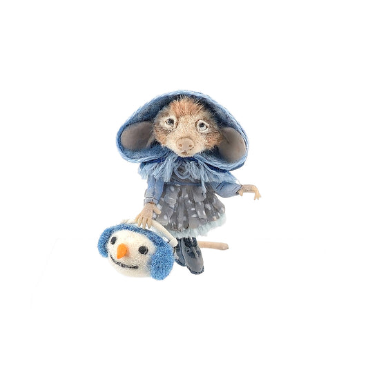 Aleah Klay OOAK Winter Mouse Girl with Snowman Basket & Blue Hooded Coat