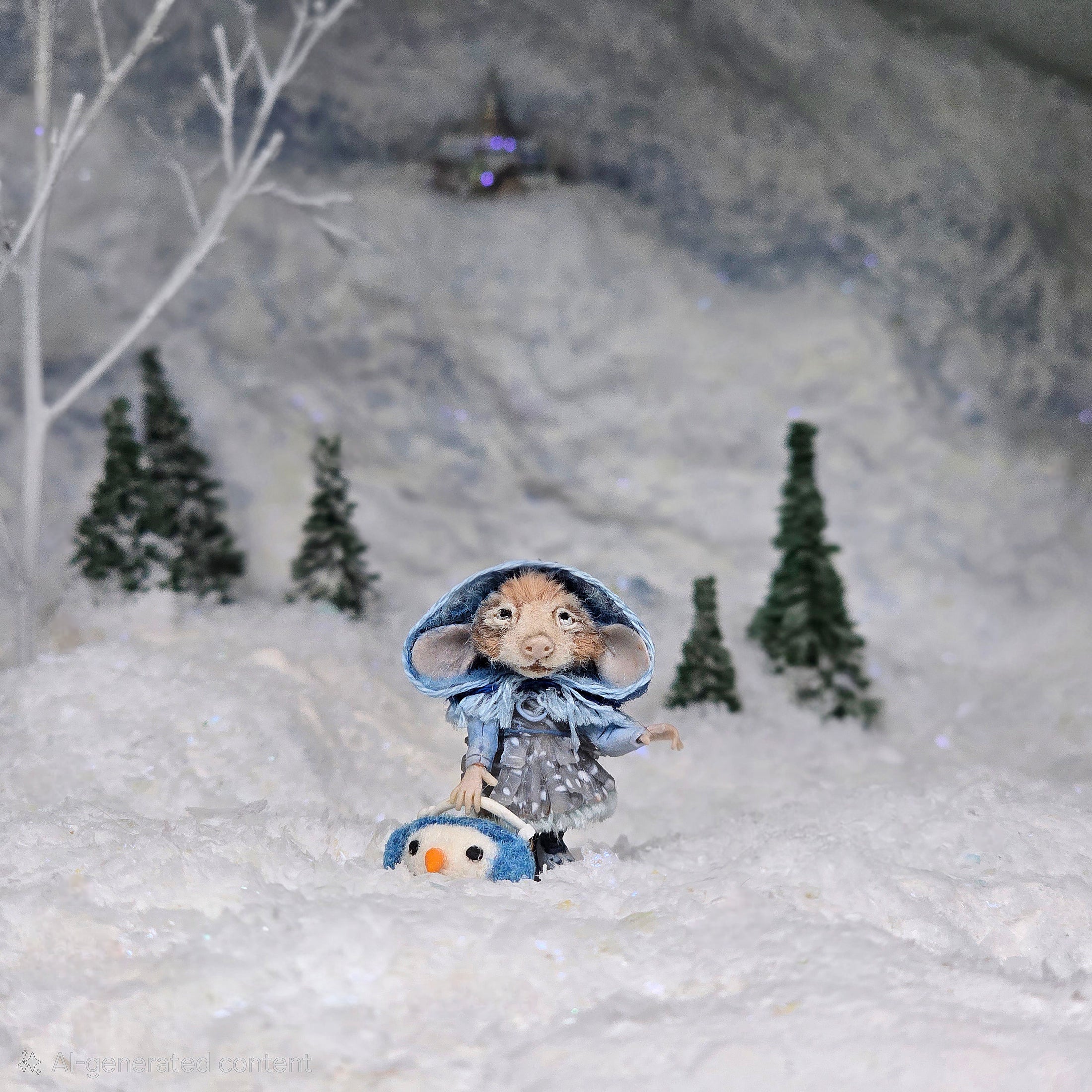 Aleah Klay OOAK Winter Mouse Girl with Snowman Basket & Blue Hooded Coat