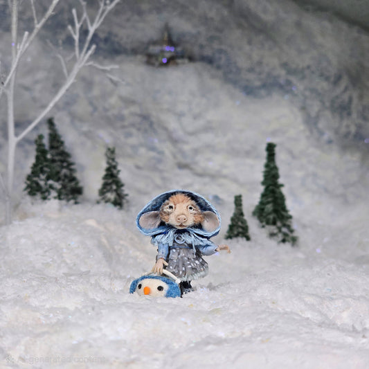 Aleah Klay OOAK Winter Mouse Girl with Snowman Basket & Blue Hooded Coat