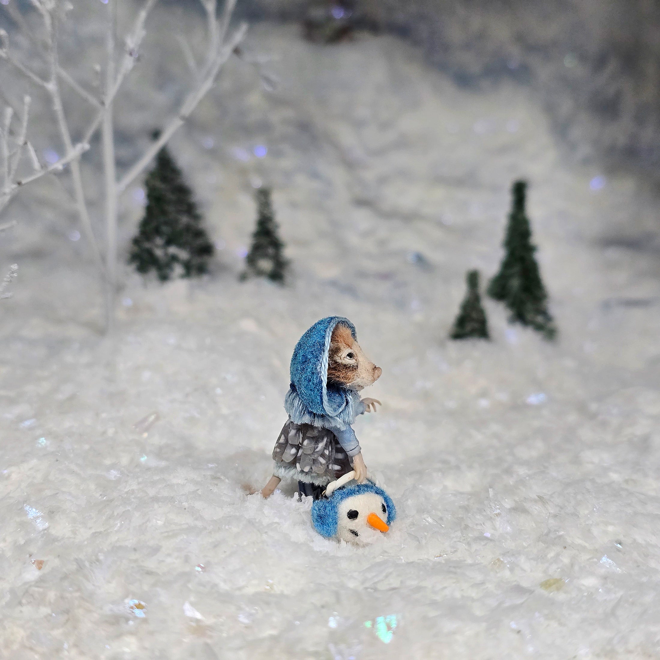 Aleah Klay OOAK Winter Mouse Girl with Snowman Basket & Blue Hooded Coat