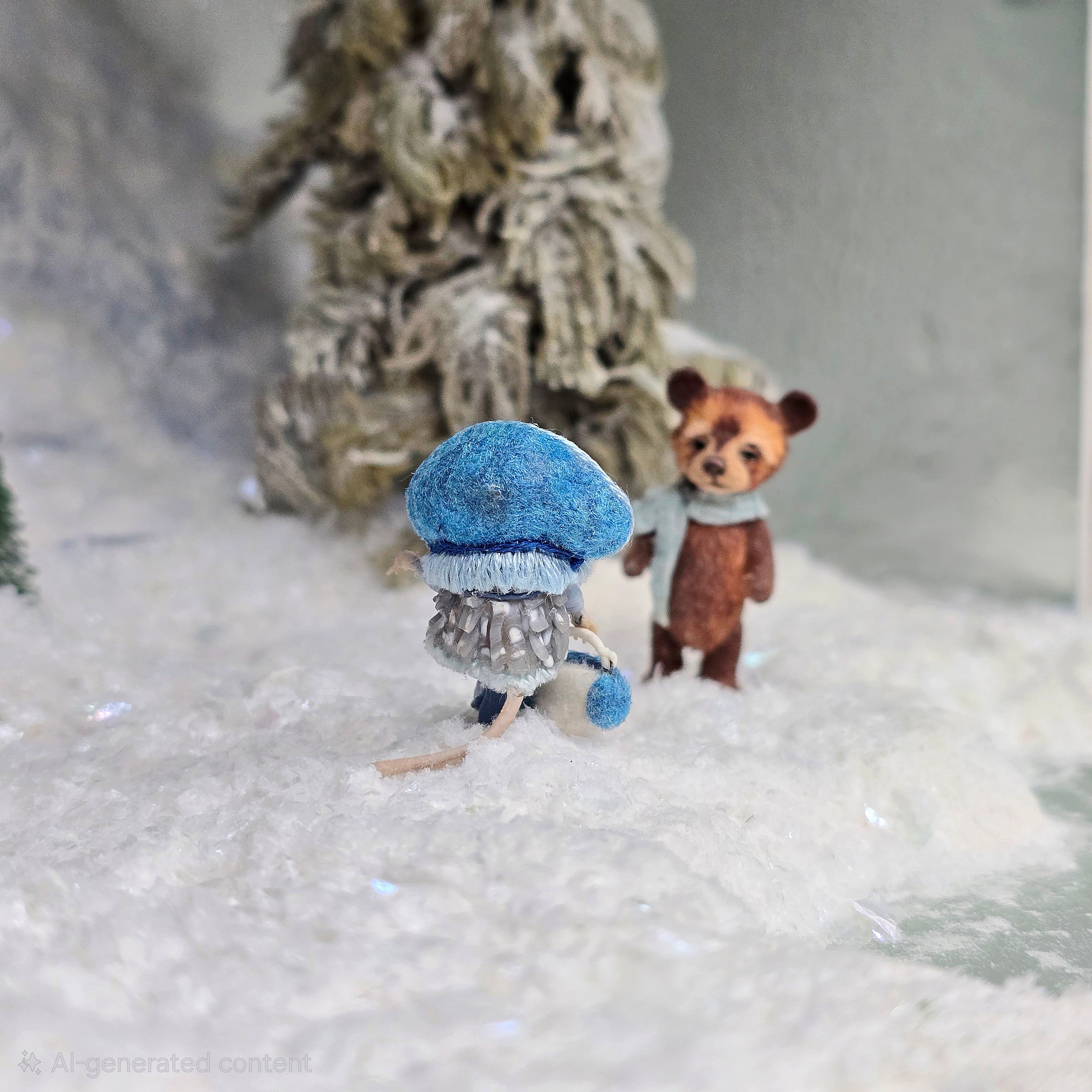 Aleah Klay OOAK Winter Mouse Girl with Snowman Basket & Blue Hooded Coat