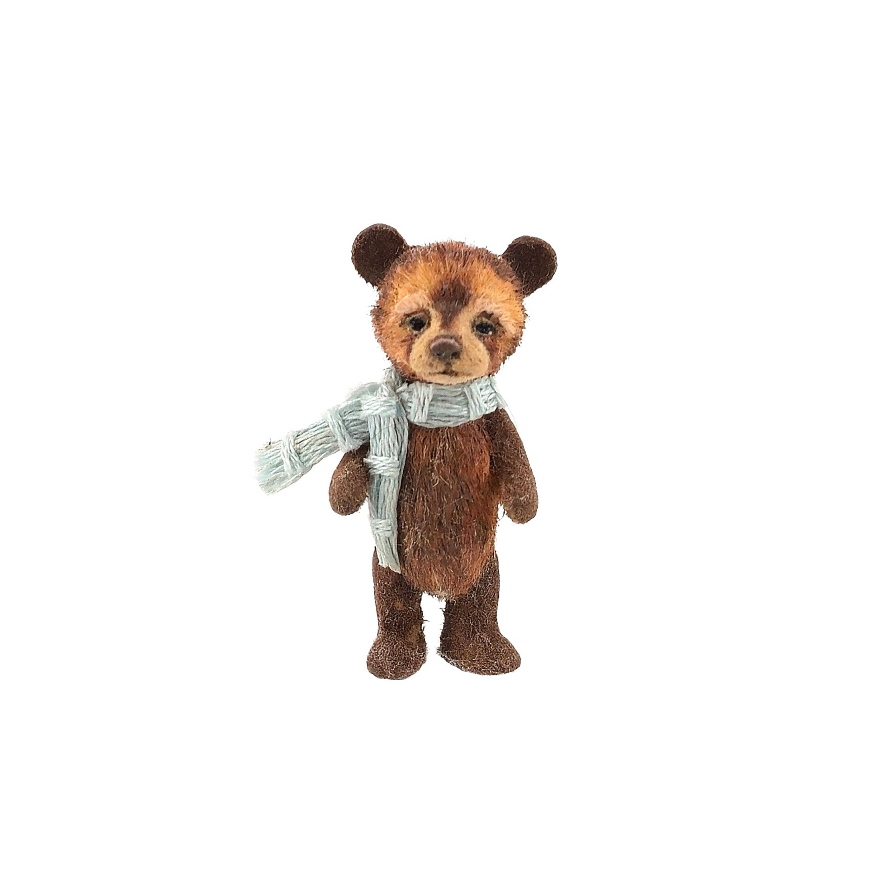 Aleah Klay OOAK Little Brown Bear Cub with Light Blue Knitted Scarf 1:12 Scale