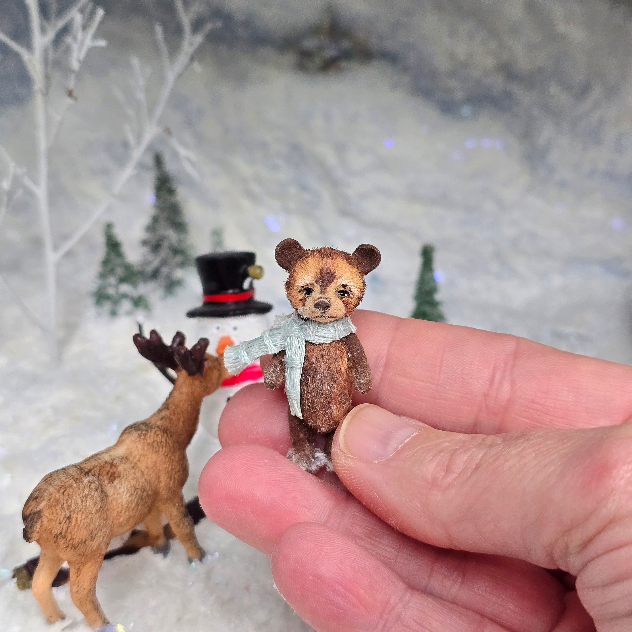 Aleah Klay OOAK Little Brown Bear Cub with Light Blue Knitted Scarf 1:12 Scale