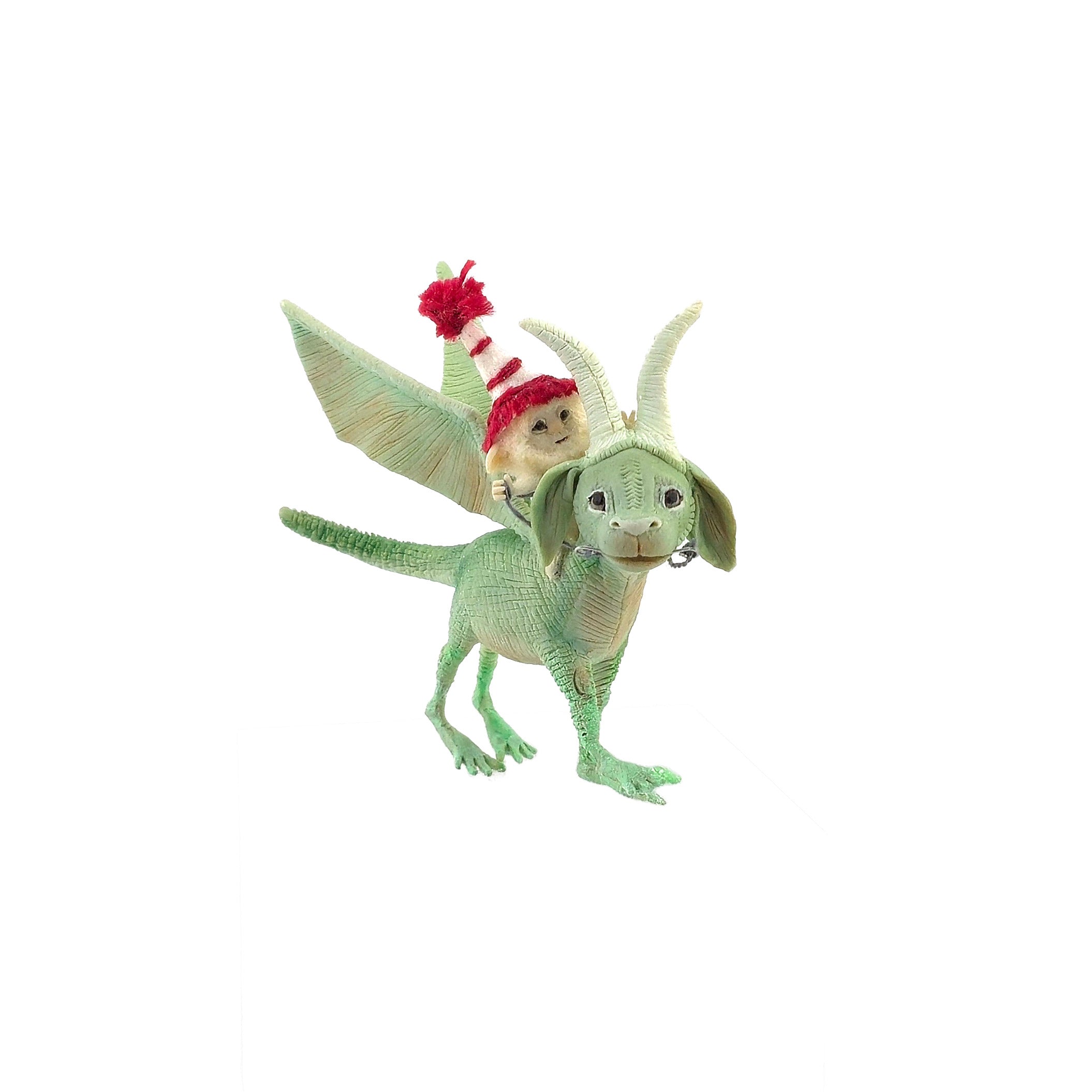 Aleah Klay Tiny Elf Riding Green Dragon with Winter Hat & Wire Reins 1:12 Scale