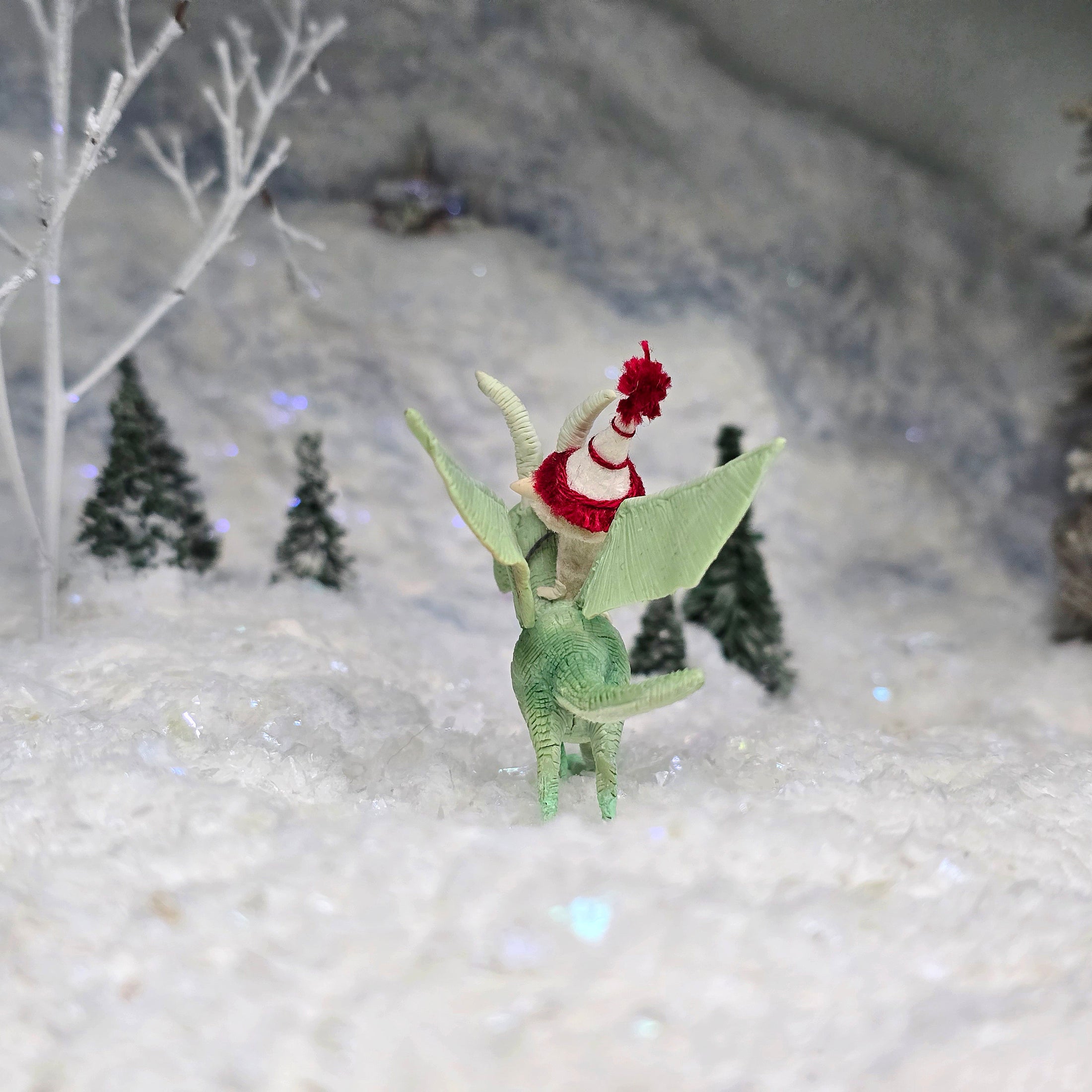 Aleah Klay Tiny Elf Riding Green Dragon with Winter Hat & Wire Reins 1:12 Scale