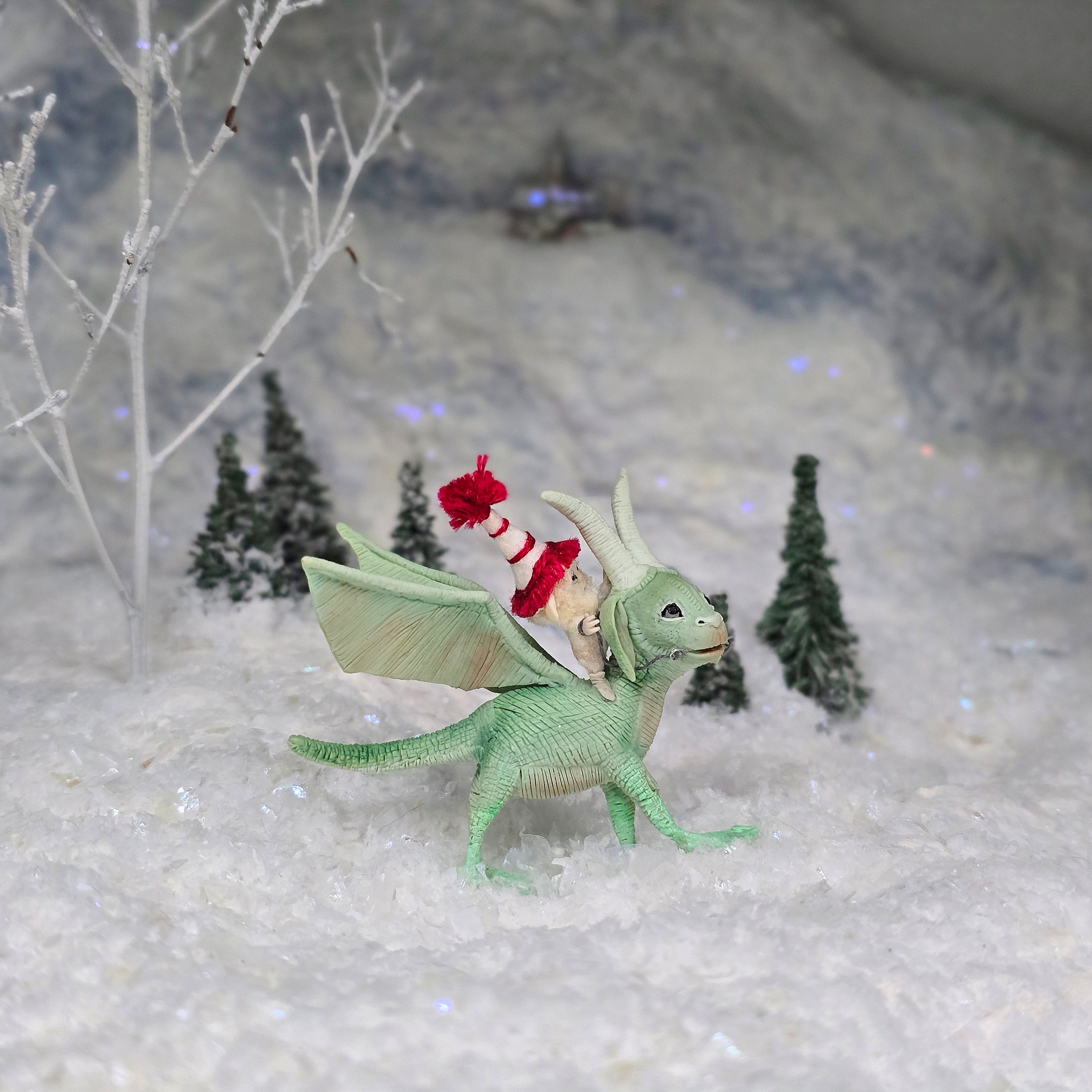 Aleah Klay Tiny Elf Riding Green Dragon with Winter Hat & Wire Reins 1:12 Scale