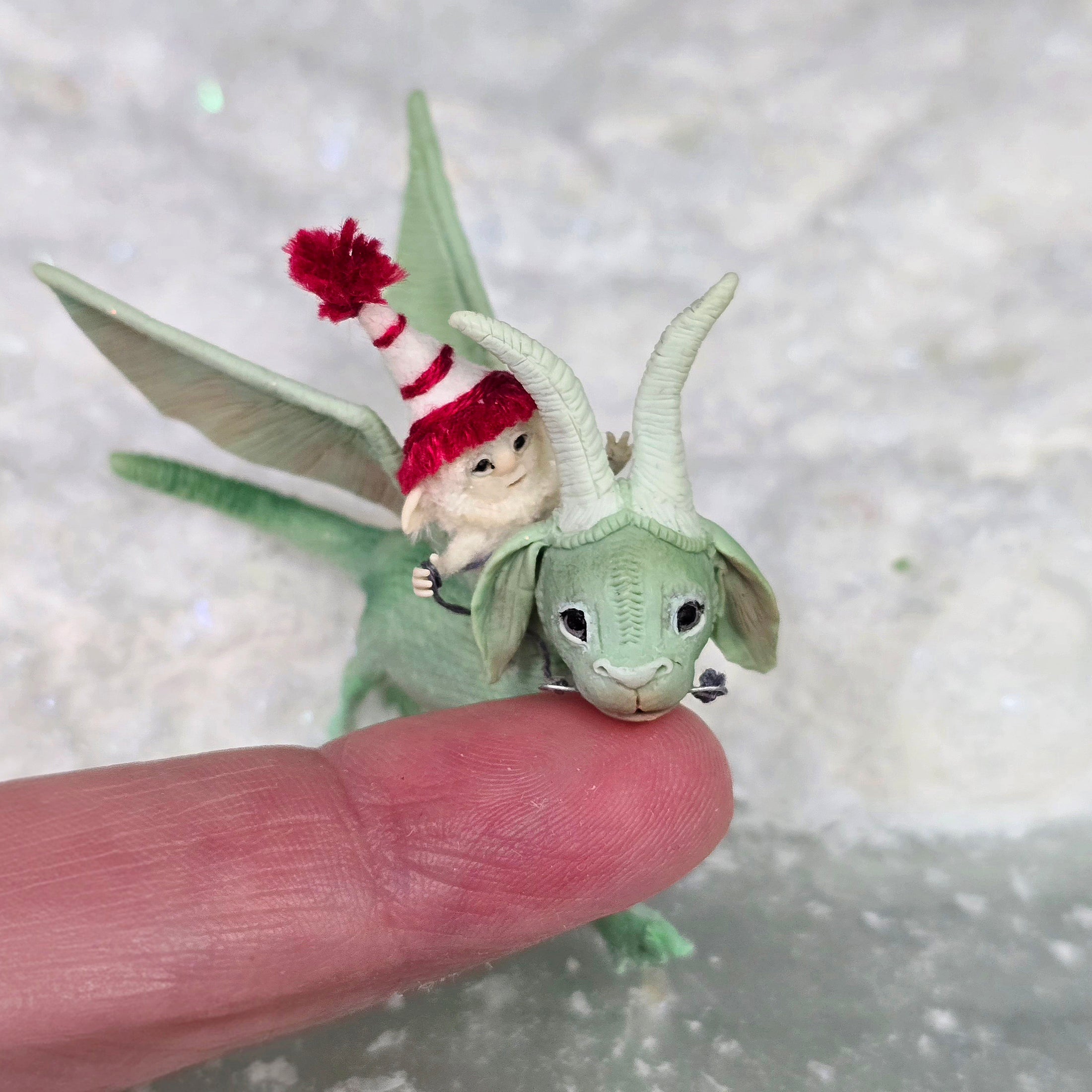 Aleah Klay Tiny Elf Riding Green Dragon with Winter Hat & Wire Reins 1:12 Scale