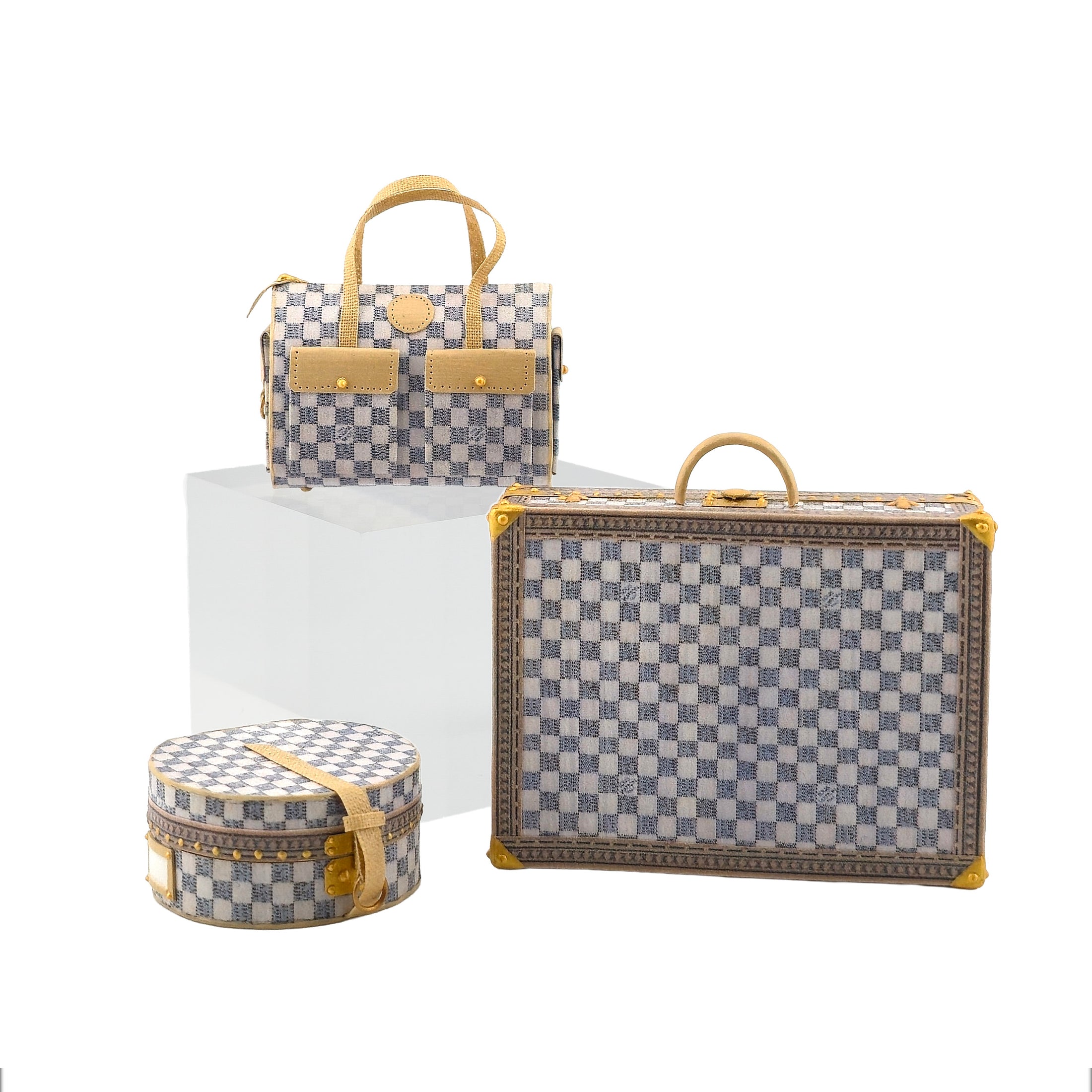 Jilienne Damier Azur-Style Designer Luggage Set with Suitcase & Travel Cases