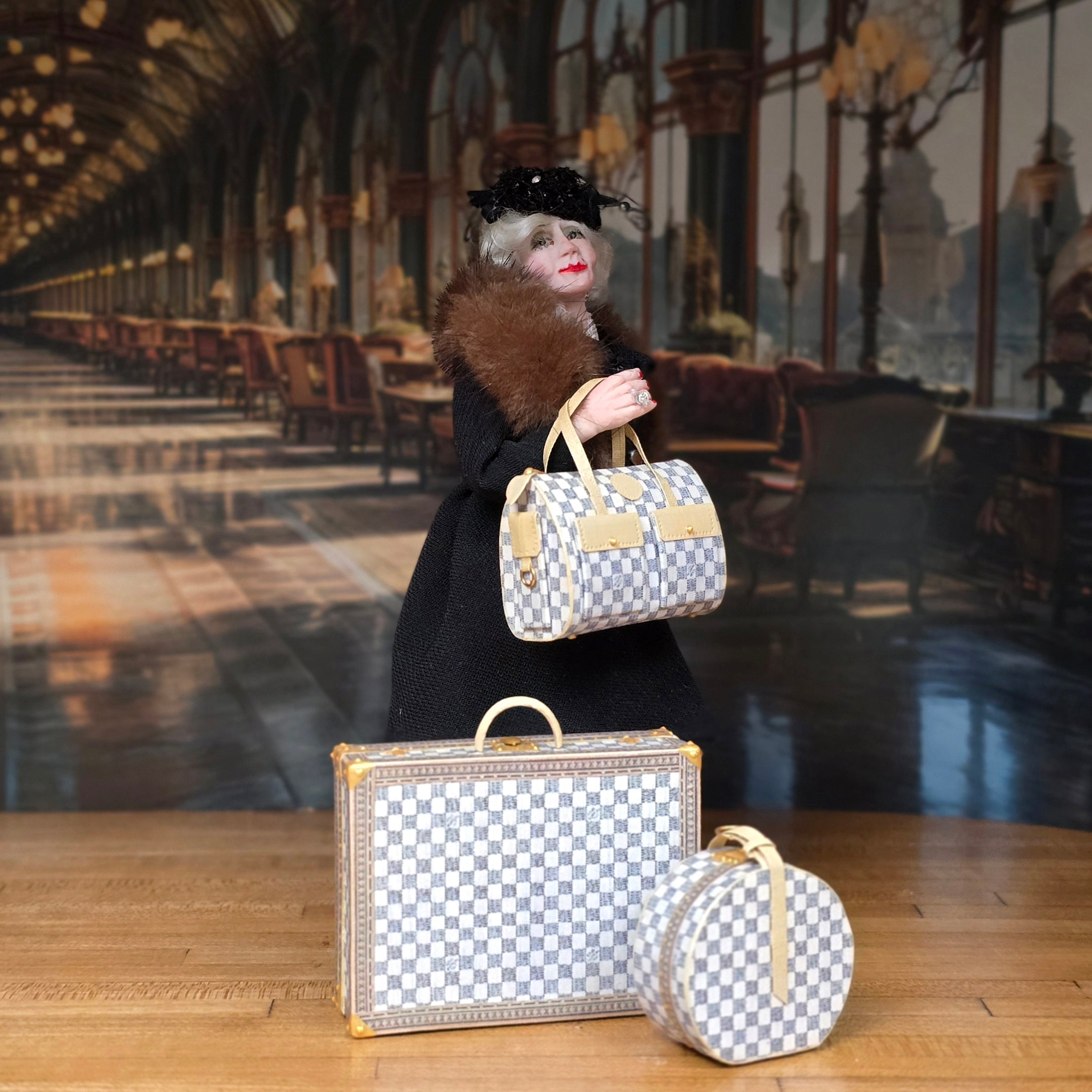 Jilienne Damier Azur-Style Designer Luggage Set with Suitcase & Travel Cases