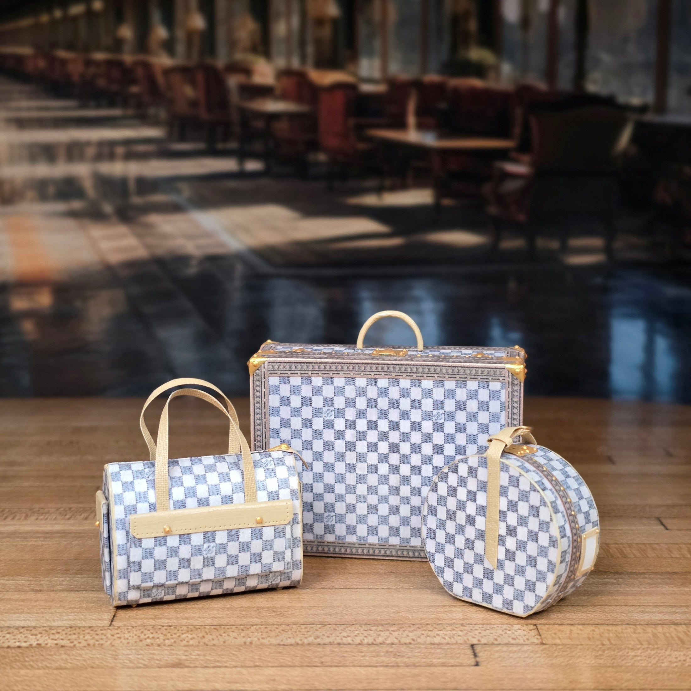 Jilienne Damier Azur-Style Designer Luggage Set with Suitcase & Travel Cases