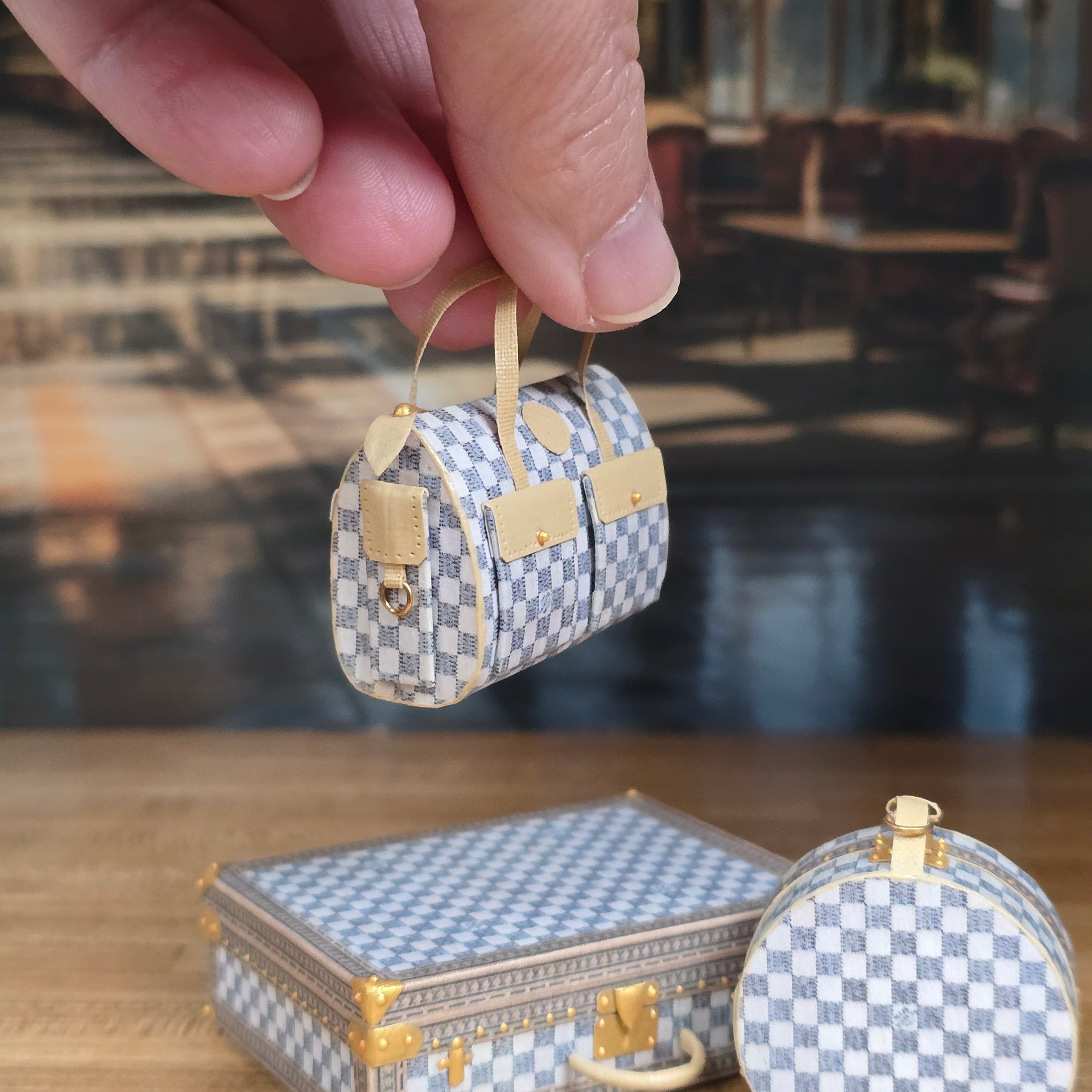Jilienne Damier Azur-Style Designer Luggage Set with Suitcase & Travel Cases