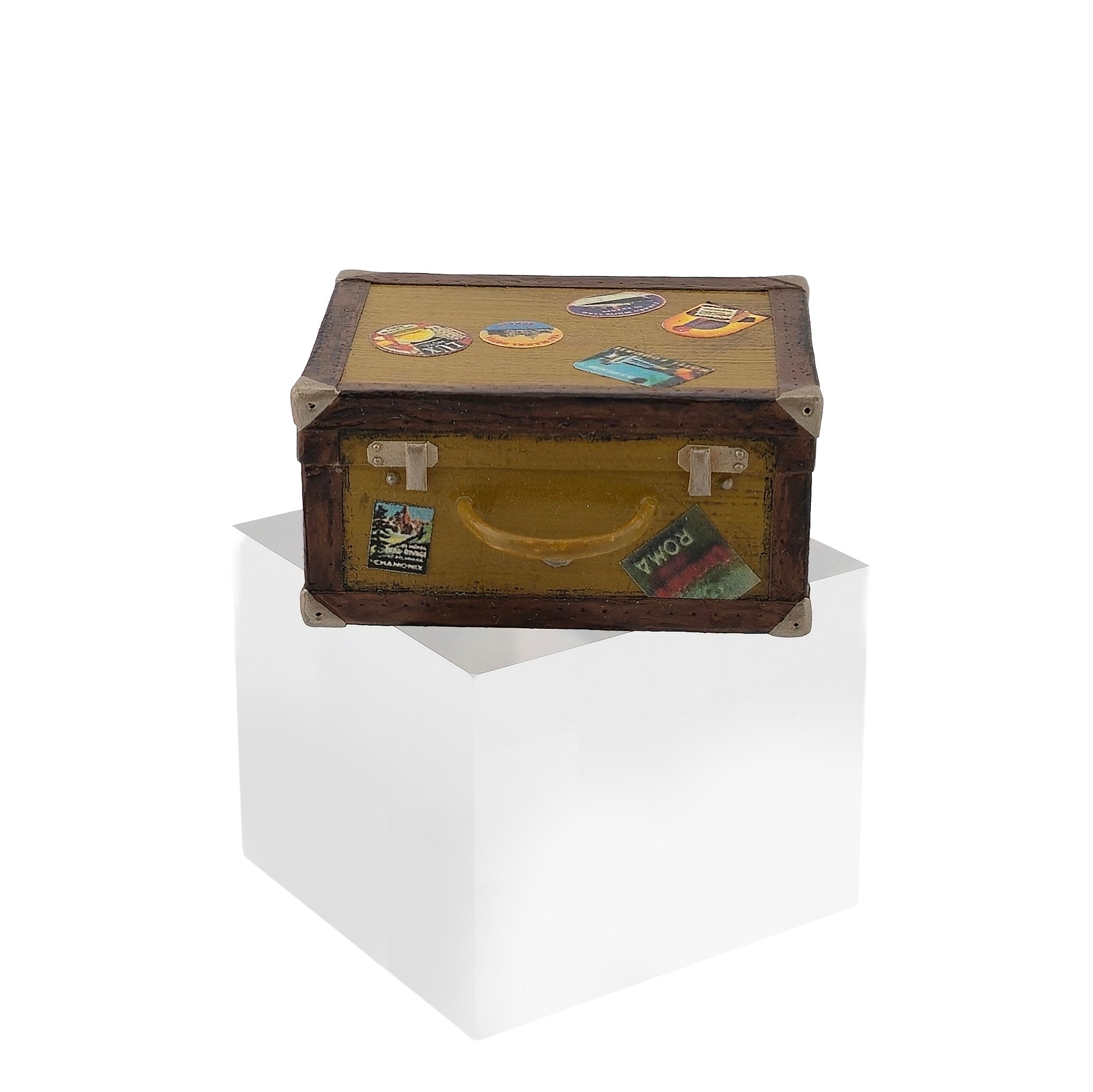 Vintage-Style Miniature Travel Suitcase with Roma & Chamonix Travel Stickers