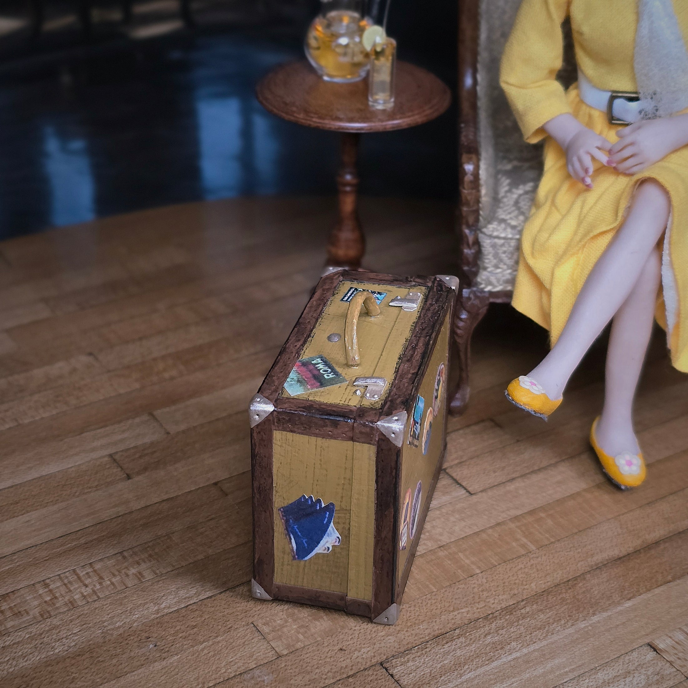 Vintage-Style Miniature Travel Suitcase with Roma & Chamonix Travel Stickers
