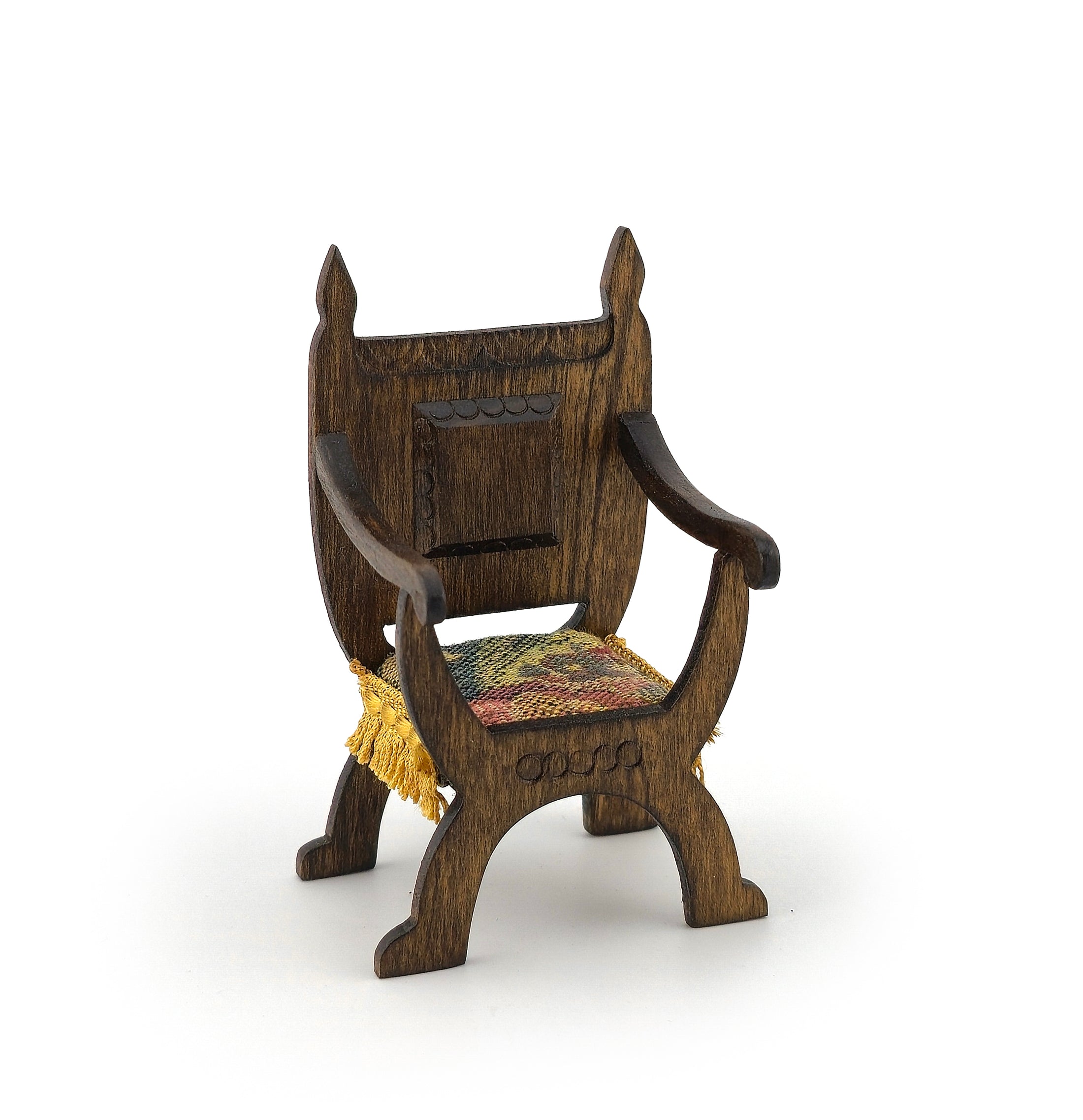 Signed Masters Tudor Carved Wood Armchair with Woven Fringe Seat