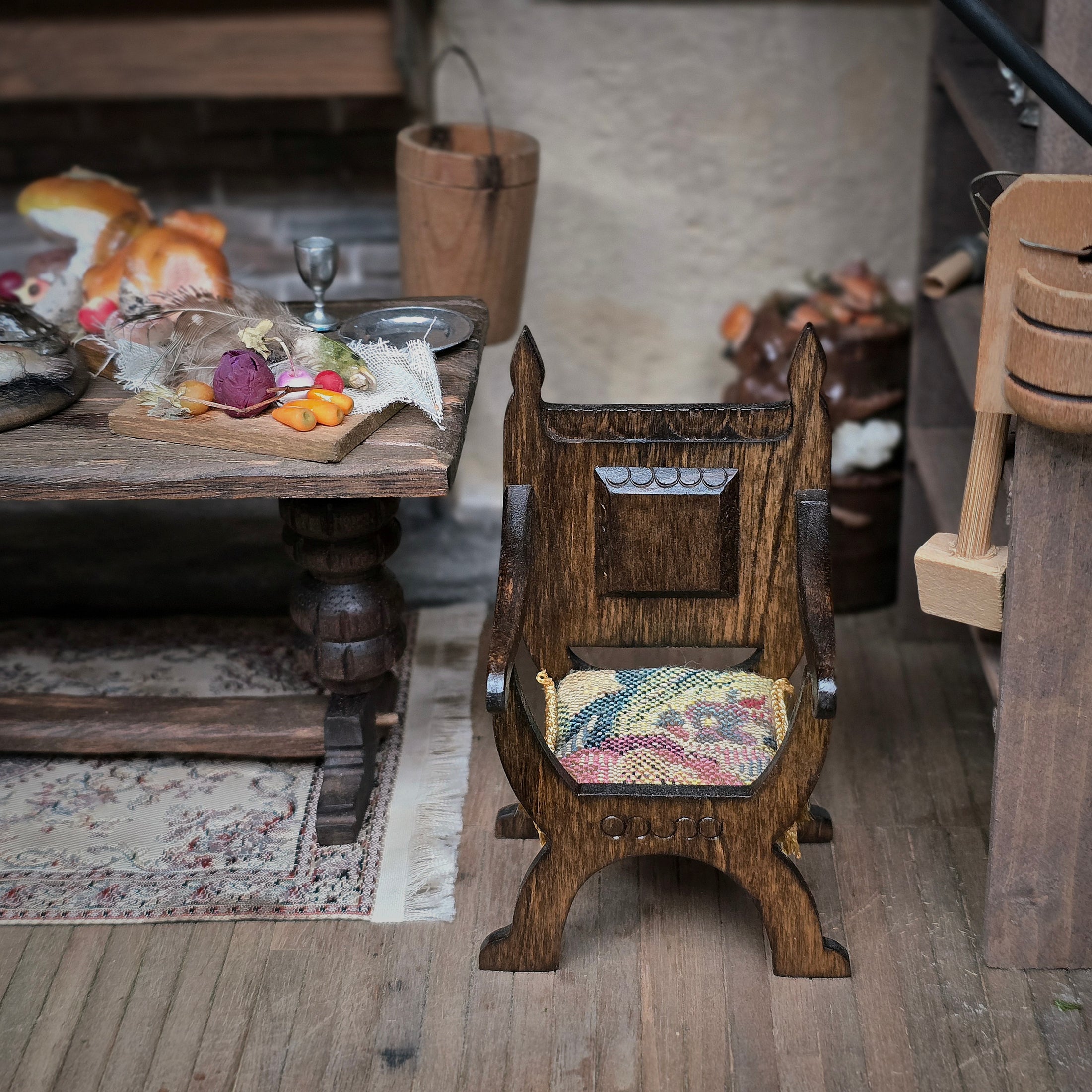 Signed Masters Tudor Carved Wood Armchair with Woven Fringe Seat