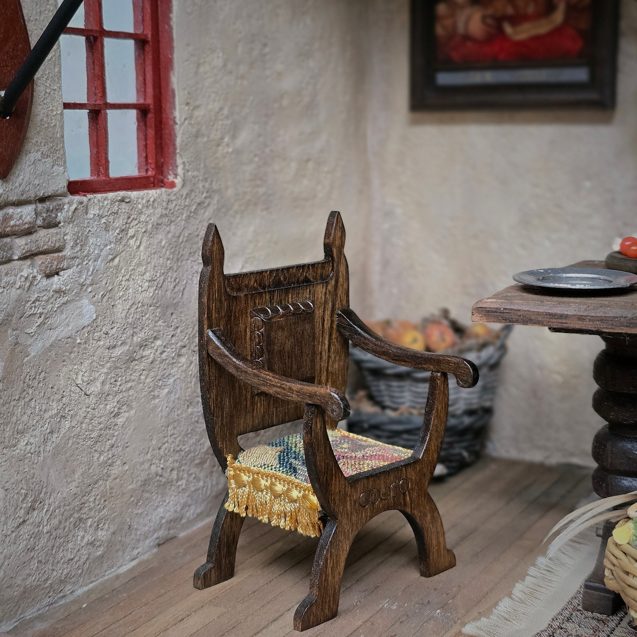 Signed Masters Tudor Carved Wood Armchair with Woven Fringe Seat
