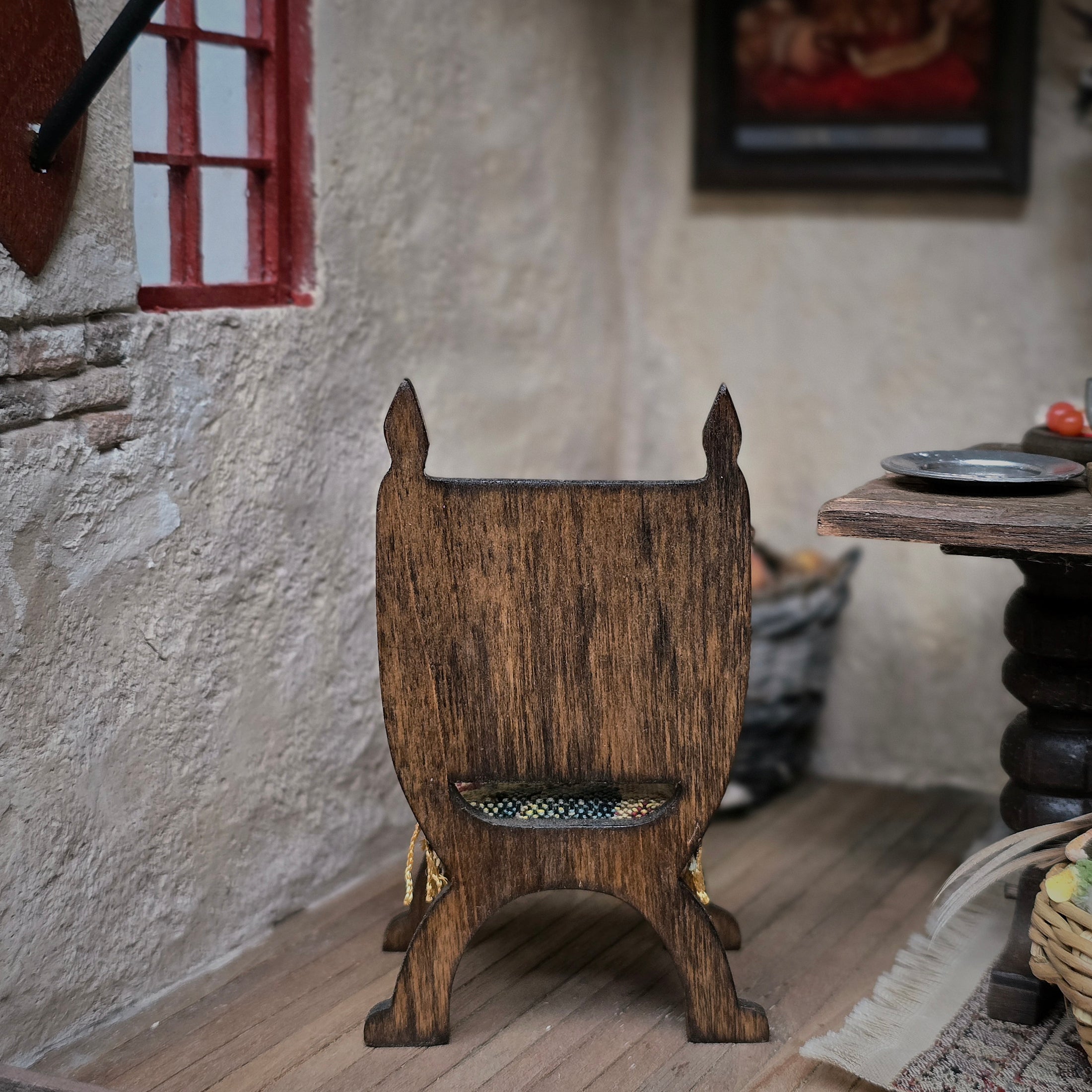 Signed Masters Tudor Carved Wood Armchair with Woven Fringe Seat