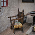 Load image into Gallery viewer, Signed Masters Tudor Carved Wood Armchair with Woven Fringe Seat
