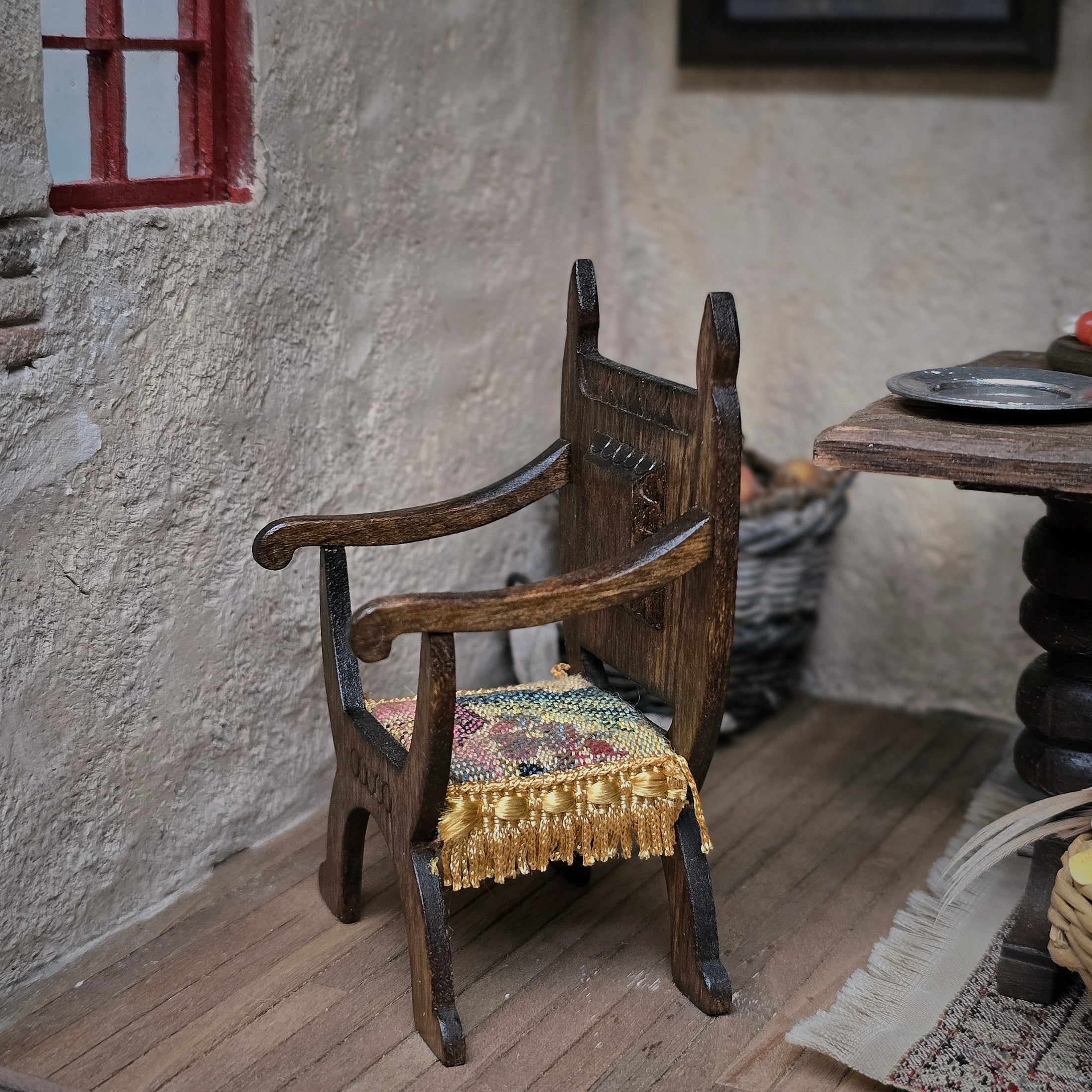 Signed Masters Tudor Carved Wood Armchair with Woven Fringe Seat