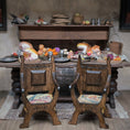Load image into Gallery viewer, Signed Masters Tudor Carved Wood Armchair with Woven Fringe Seat
