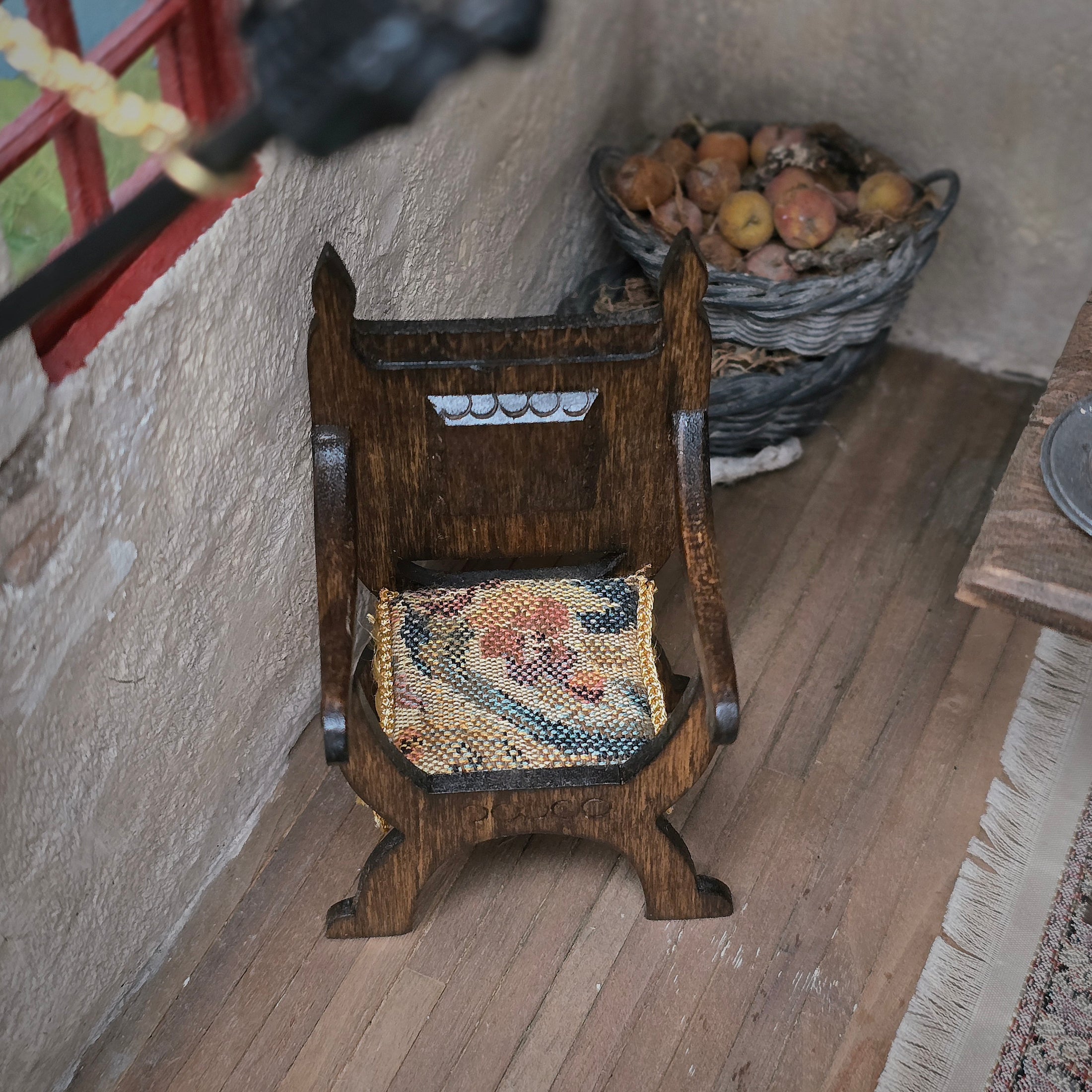 Masters Tudor Carved Wood Armchair with Woven Fringe Seat, Second Chair