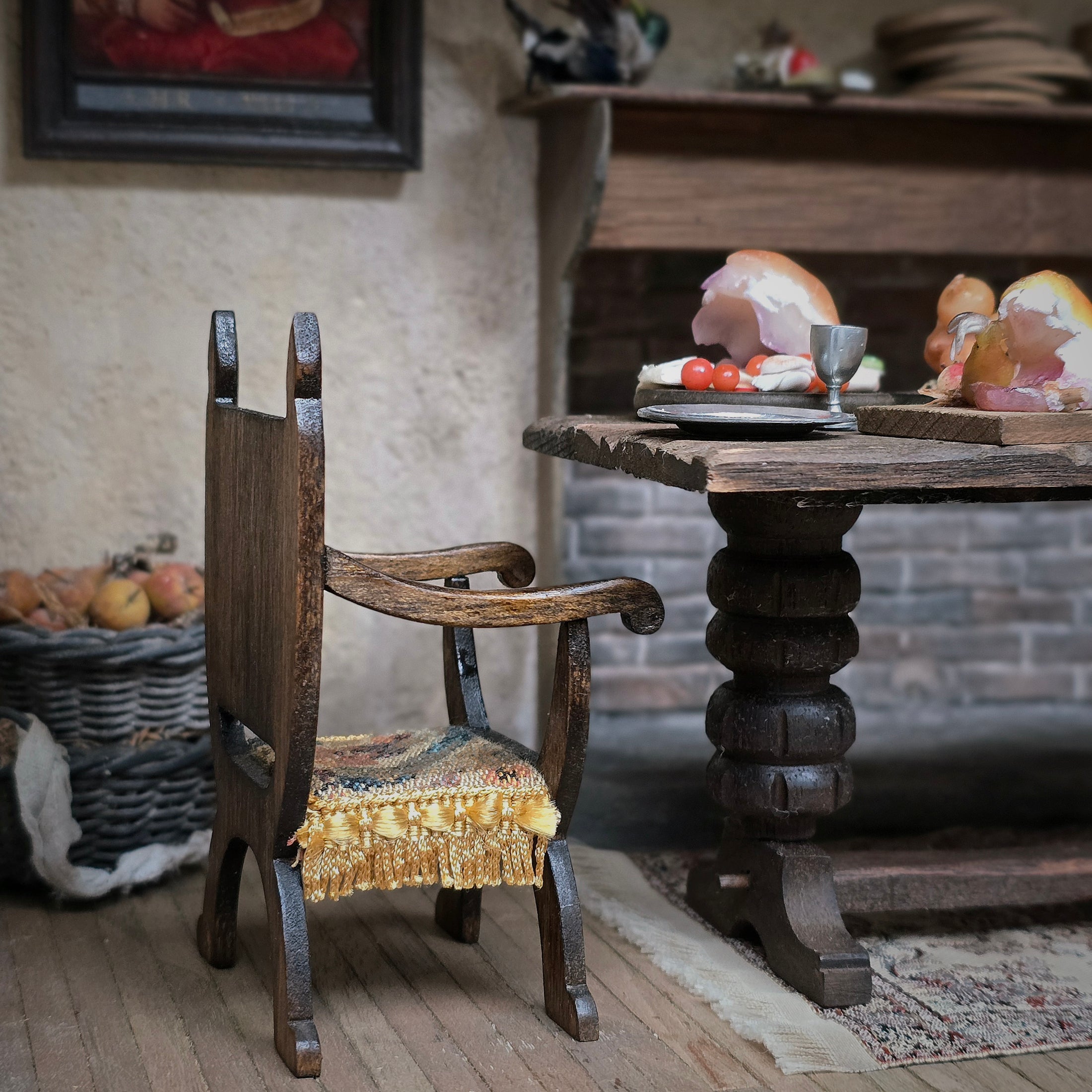 Masters Tudor Carved Wood Armchair with Woven Fringe Seat, Second Chair