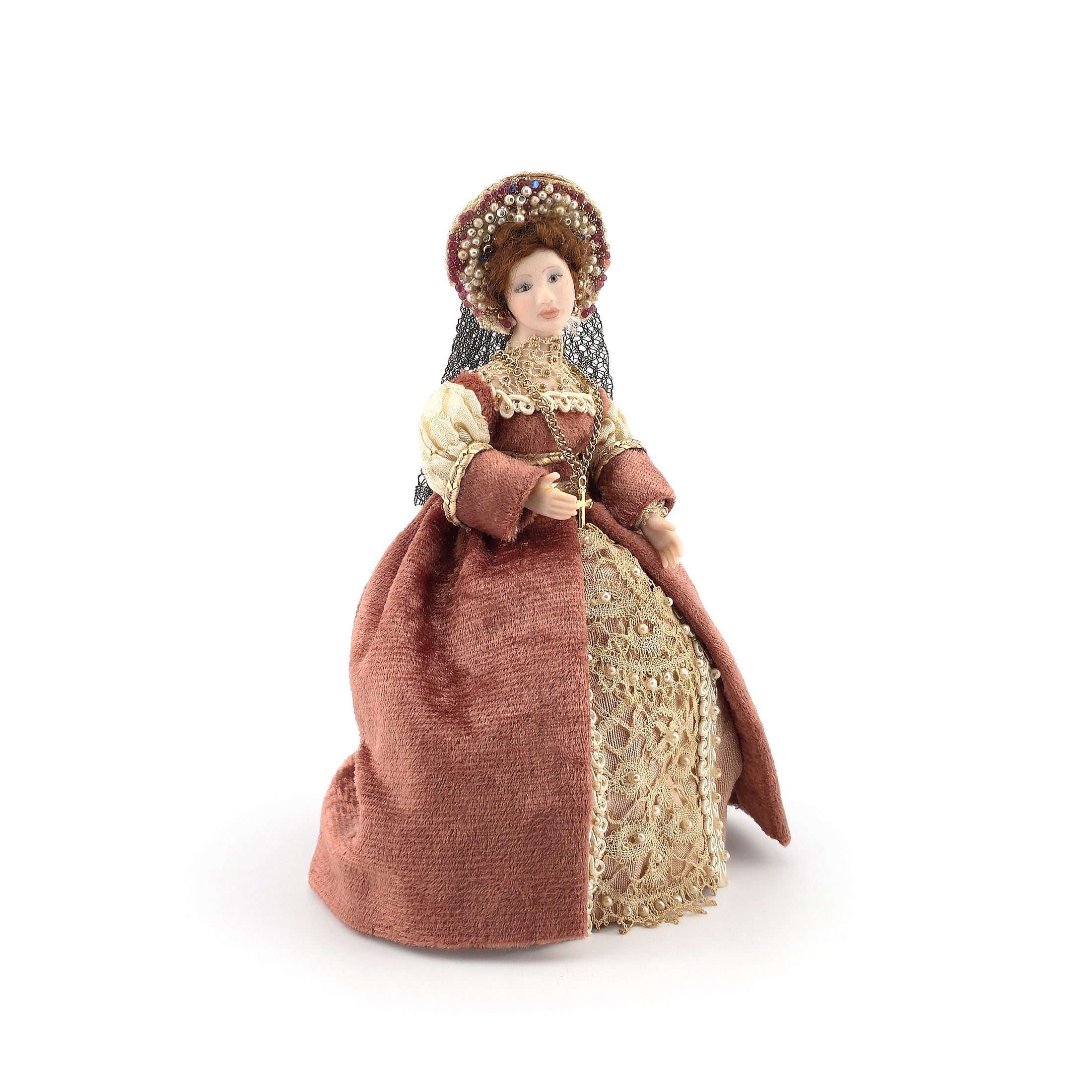 OOAK Tudor Lady Porcelain Dollhouse Doll with Beaded Headpiece