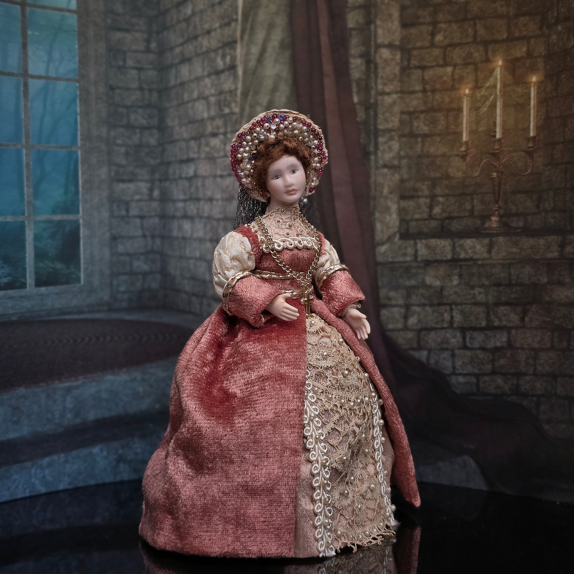 OOAK Tudor Lady Porcelain Dollhouse Doll with Beaded Headpiece