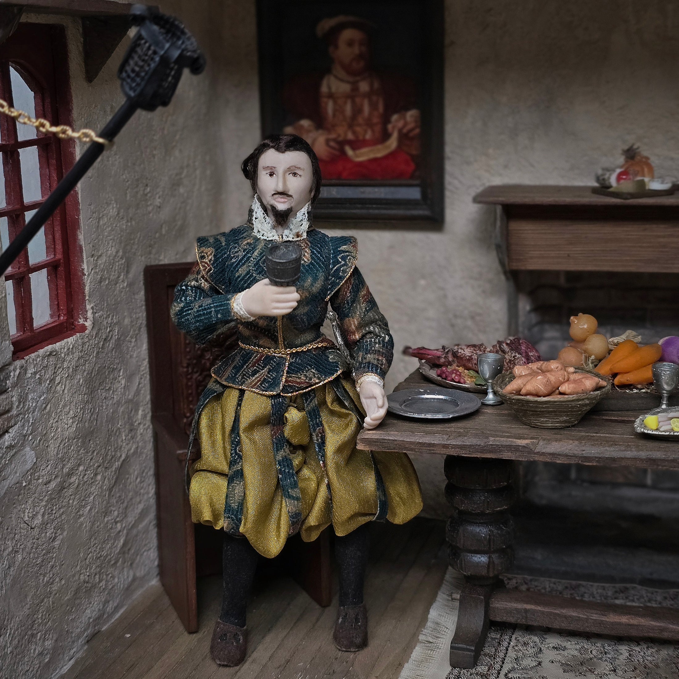 Medieval Gentleman Porcelain Doll with Sword, Goblet & Handmade Leather Shoes