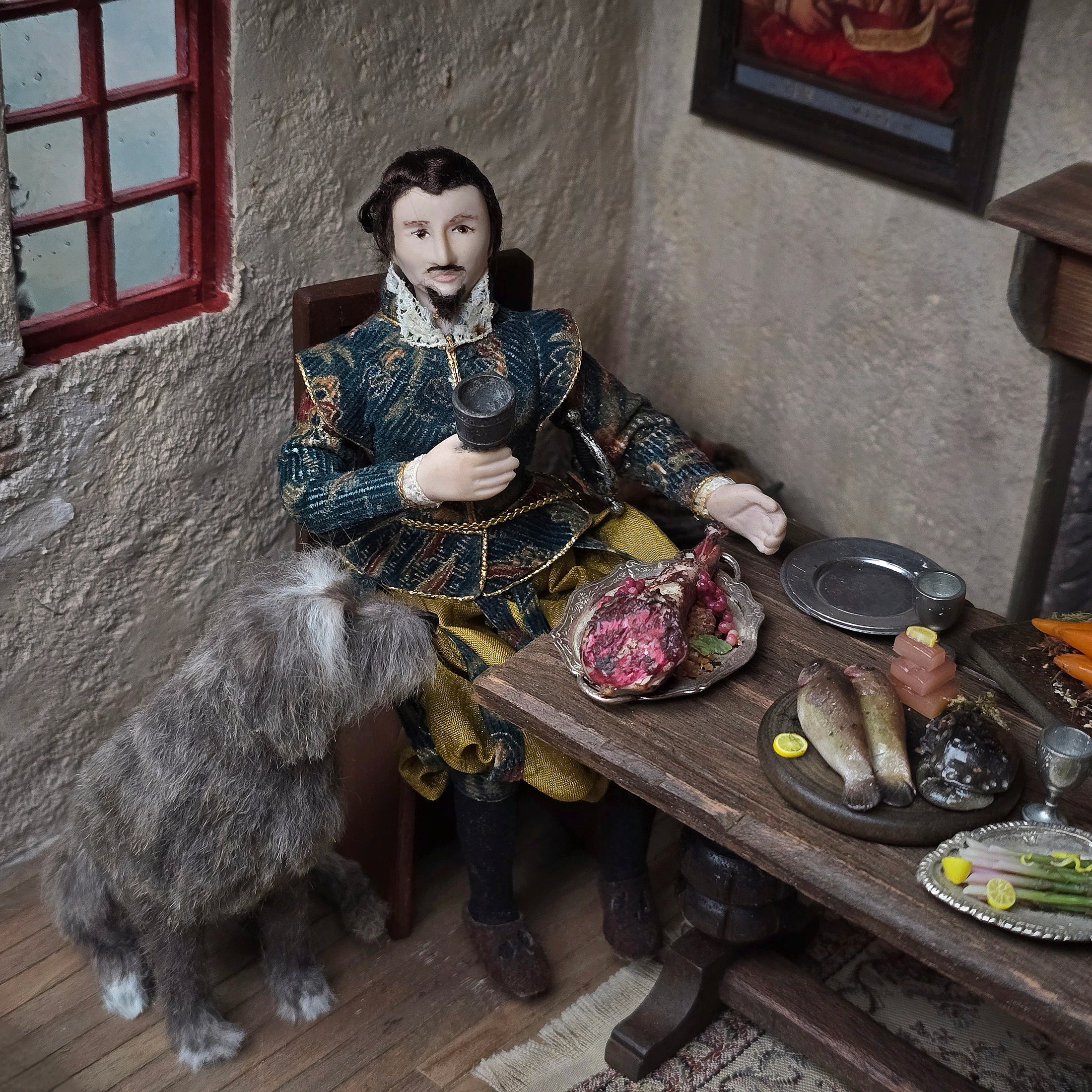 Medieval Gentleman Porcelain Doll with Sword, Goblet & Handmade Leather Shoes