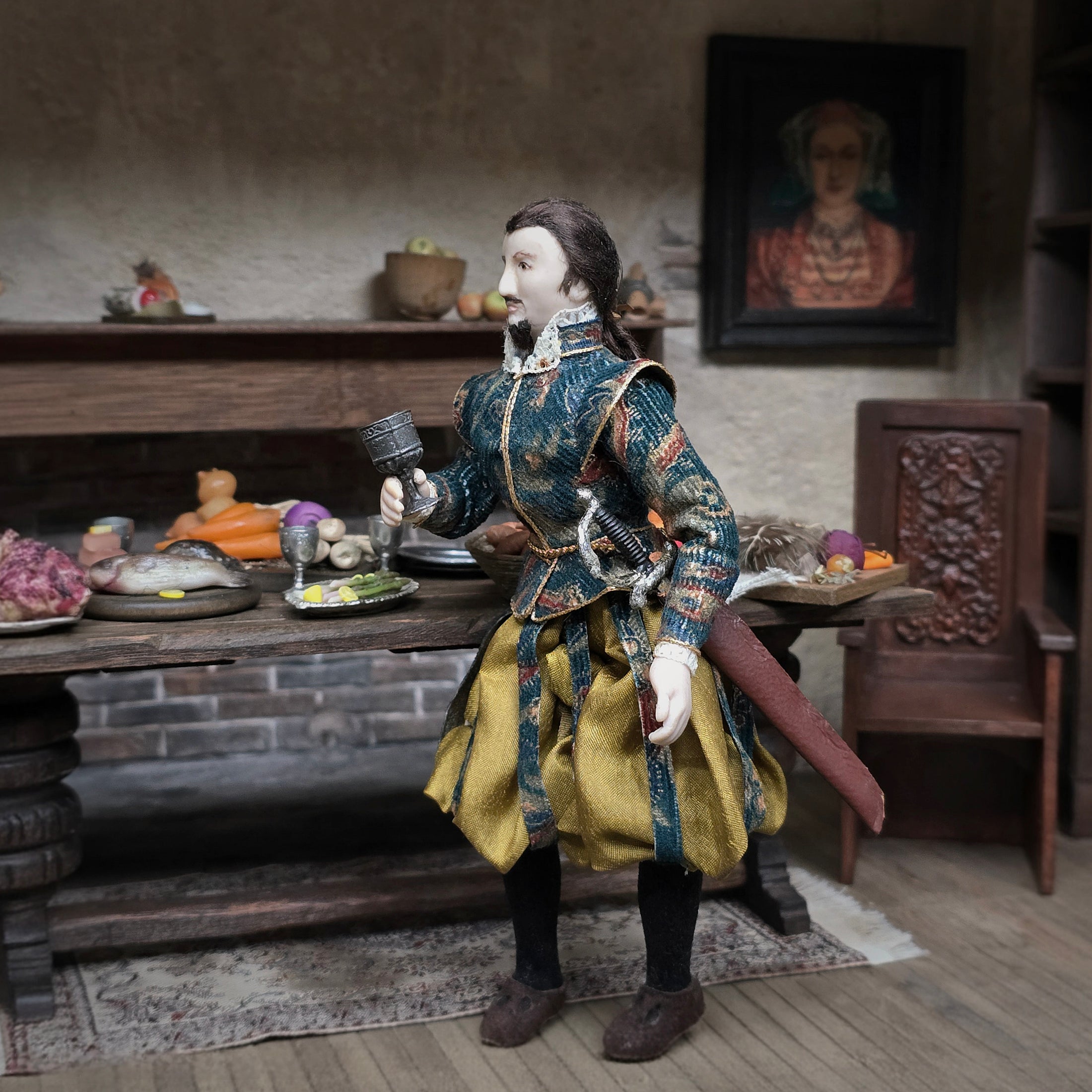 Medieval Gentleman Porcelain Doll with Sword, Goblet & Handmade Leather Shoes