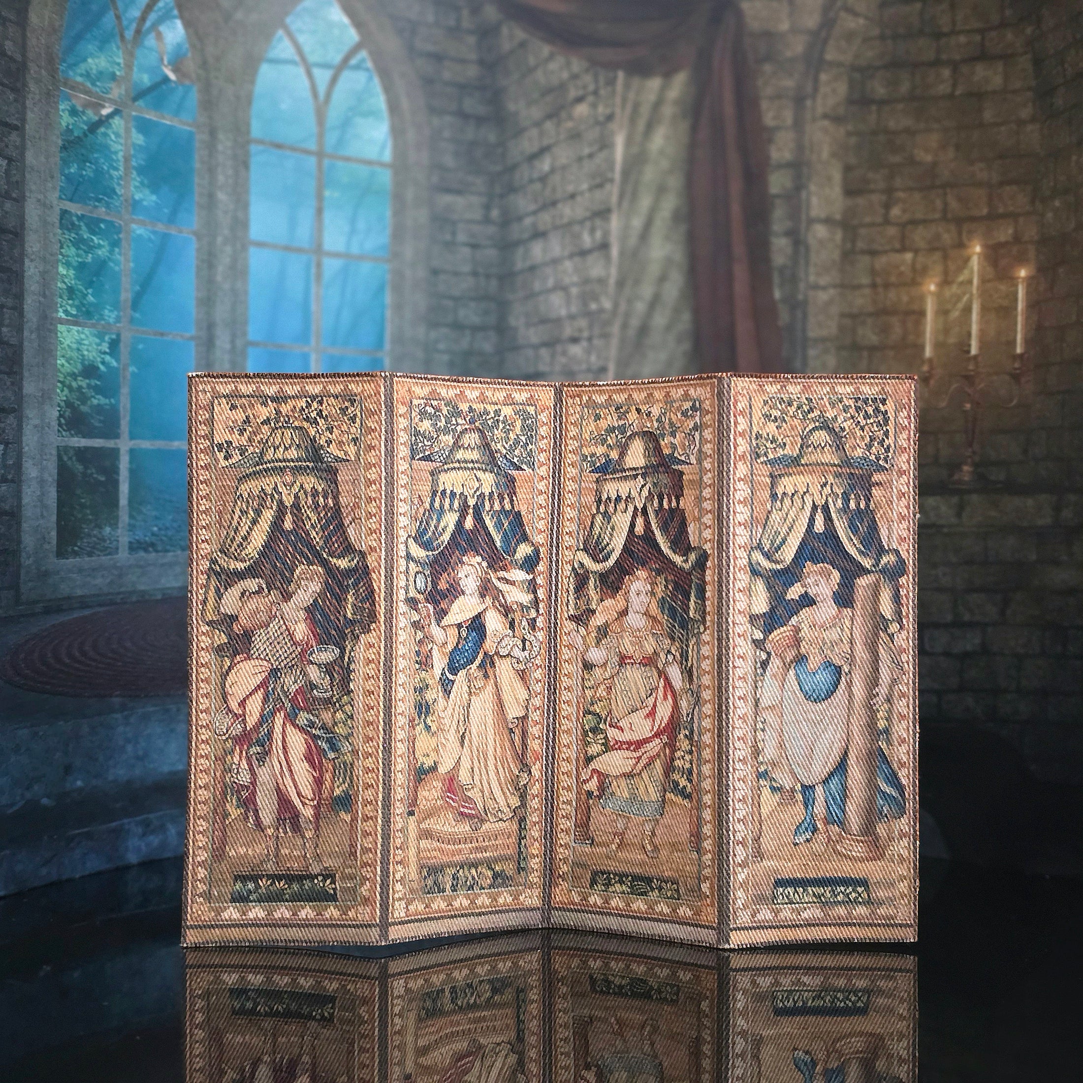 Artisan Printed Four-Panel Dollhouse Screen Antique Style Fabric Room Divider