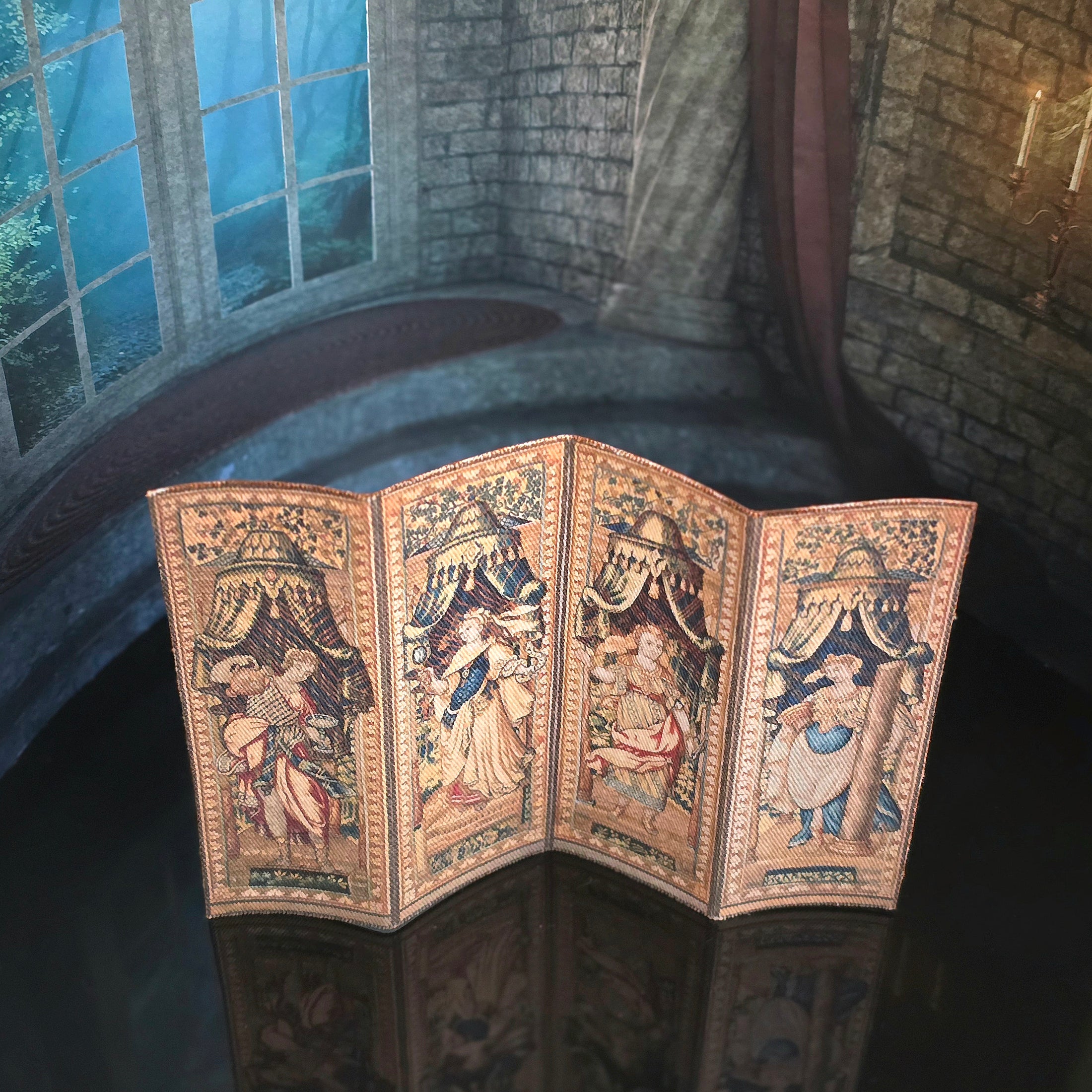 Artisan Printed Four-Panel Dollhouse Screen Antique Style Fabric Room Divider