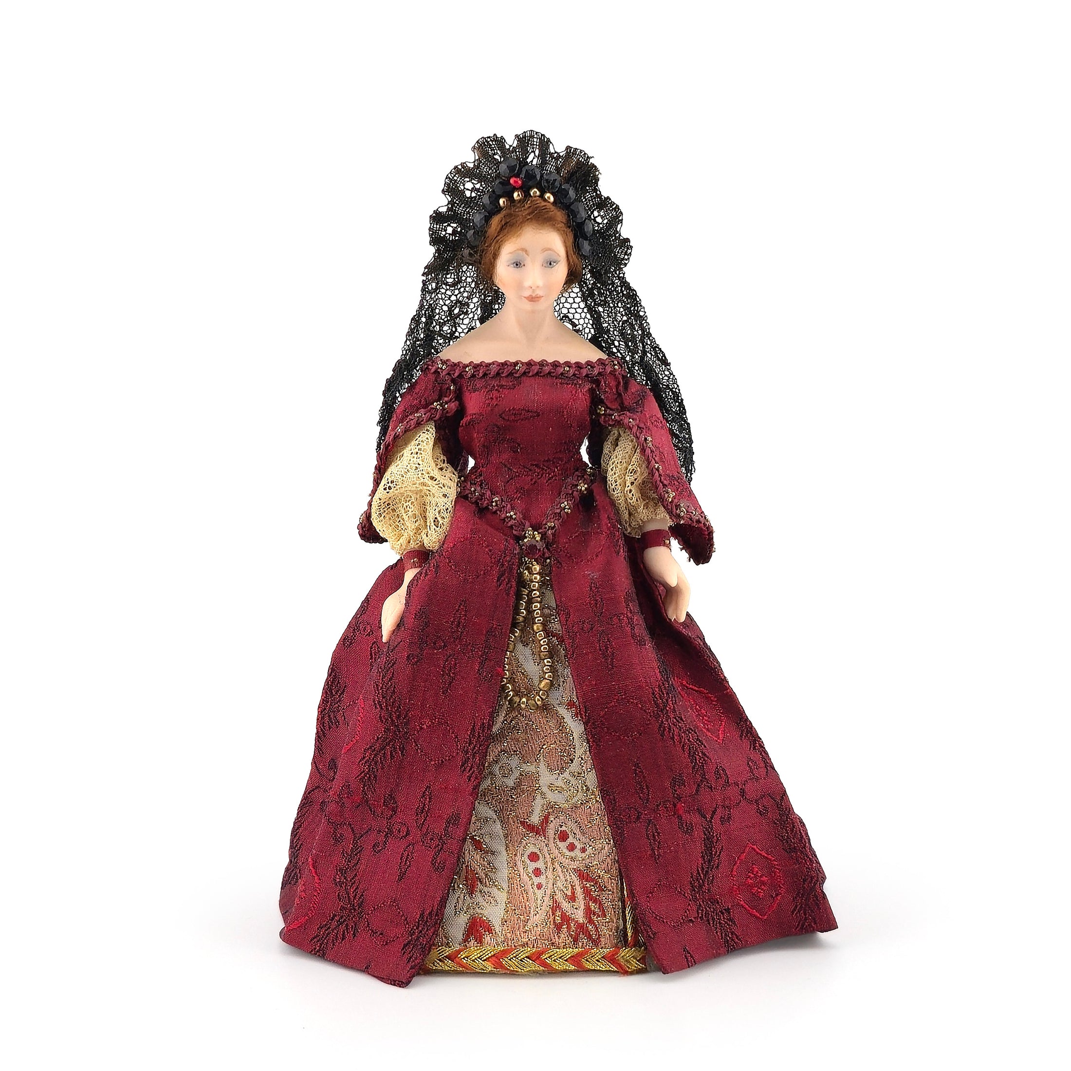 Renaissance Noblewoman Doll in Ruby Red Silk Damask Gown with Black Lace Veil