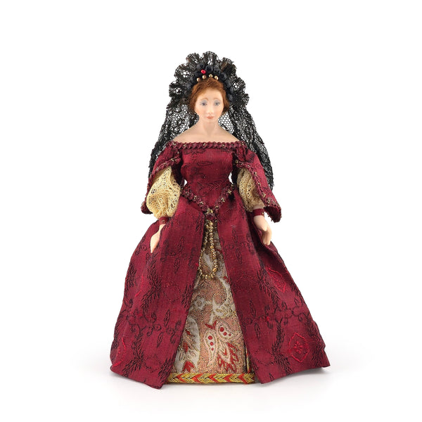 Renaissance Noblewoman Doll in Ruby Red Silk Damask Gown with Black Lace Veil