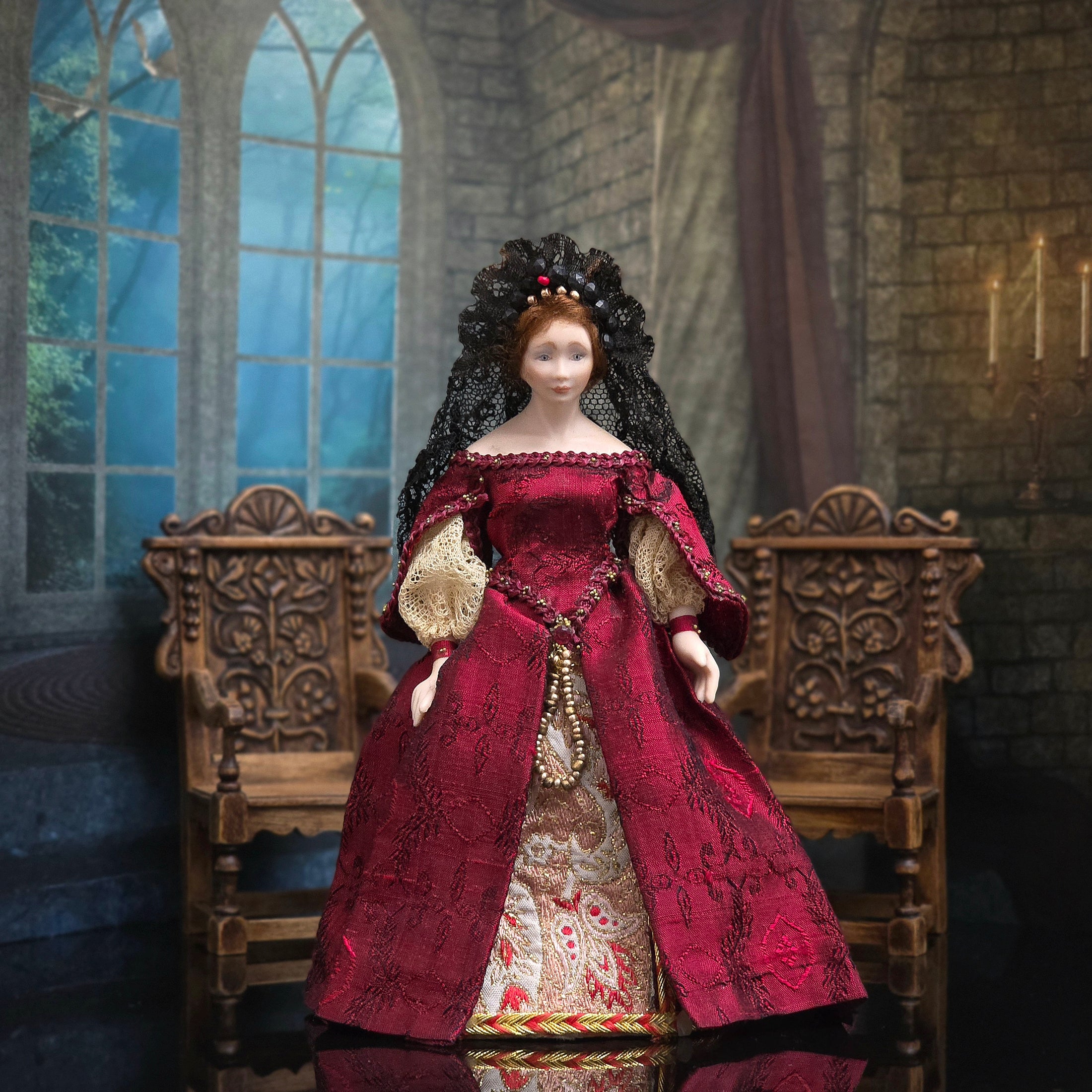 Renaissance Noblewoman Doll in Ruby Red Silk Damask Gown with Black Lace Veil