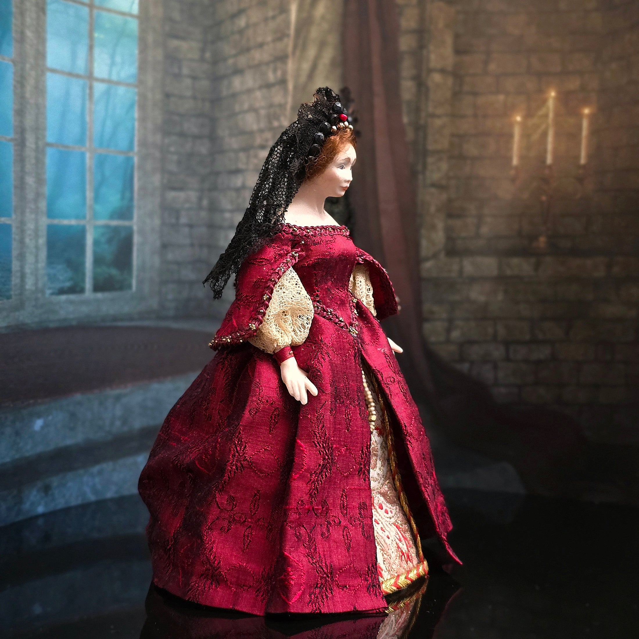 Renaissance Noblewoman Doll in Ruby Red Silk Damask Gown with Black Lace Veil