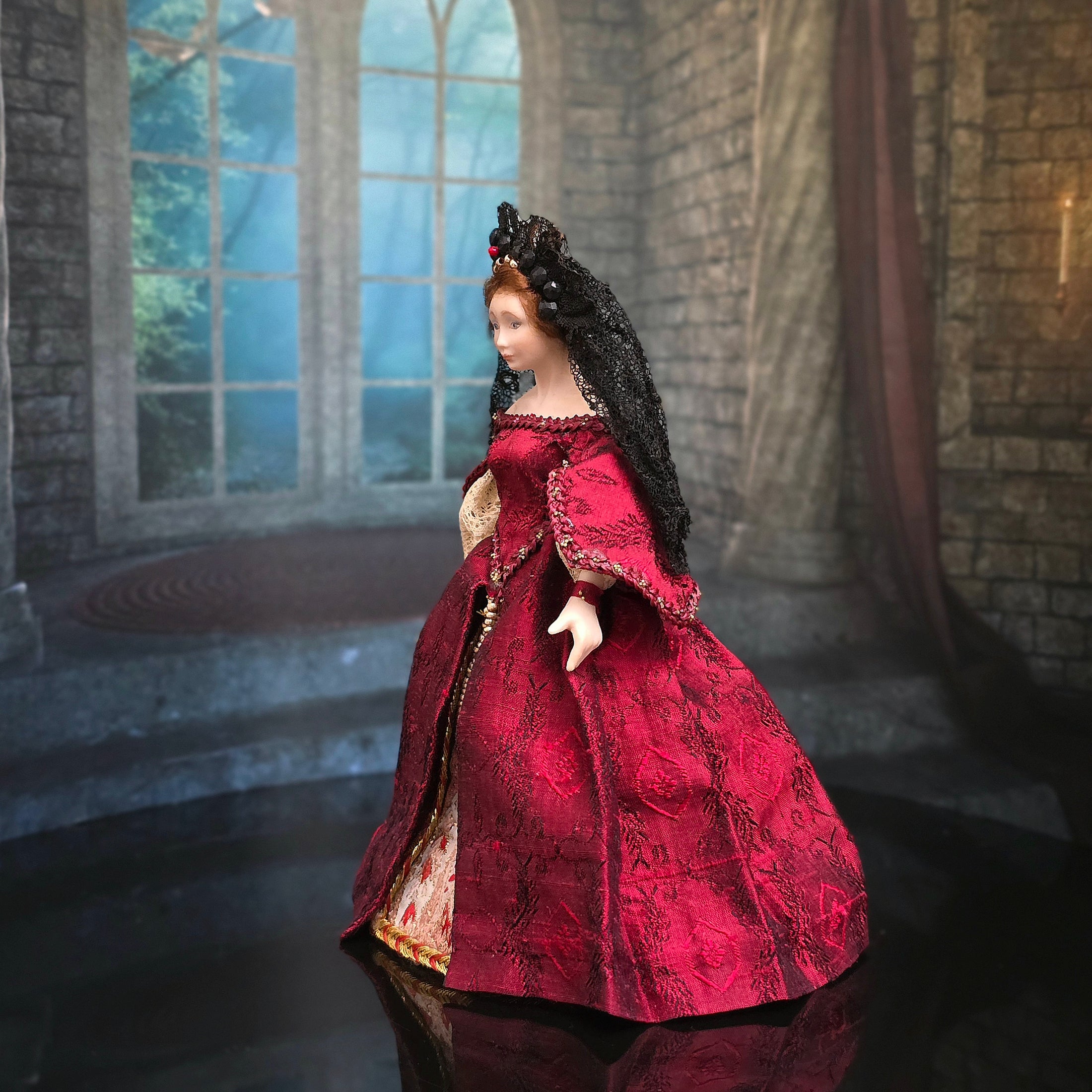 Renaissance Noblewoman Doll in Ruby Red Silk Damask Gown with Black Lace Veil