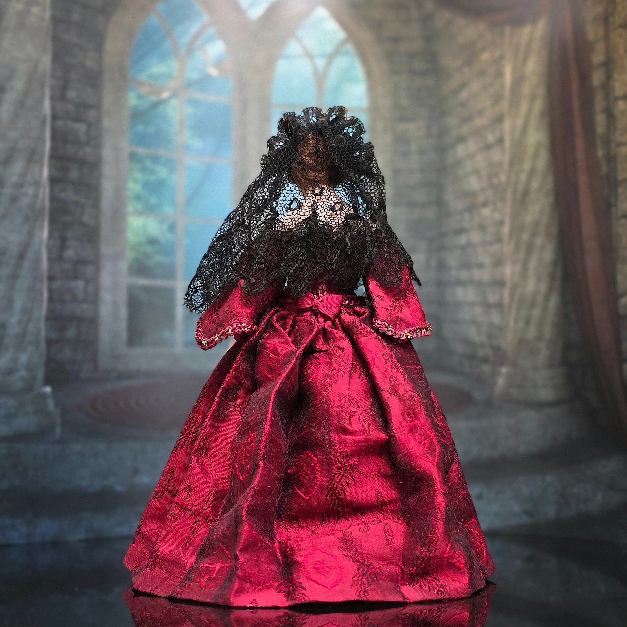 Renaissance Noblewoman Doll in Ruby Red Silk Damask Gown with Black Lace Veil
