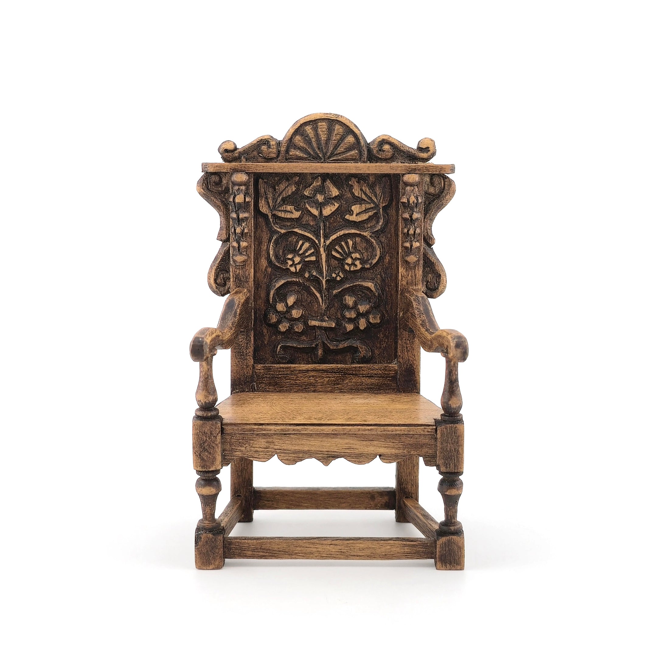 Hand-Carved Wood Tudor-Style Armchair with Floral Medallion Back