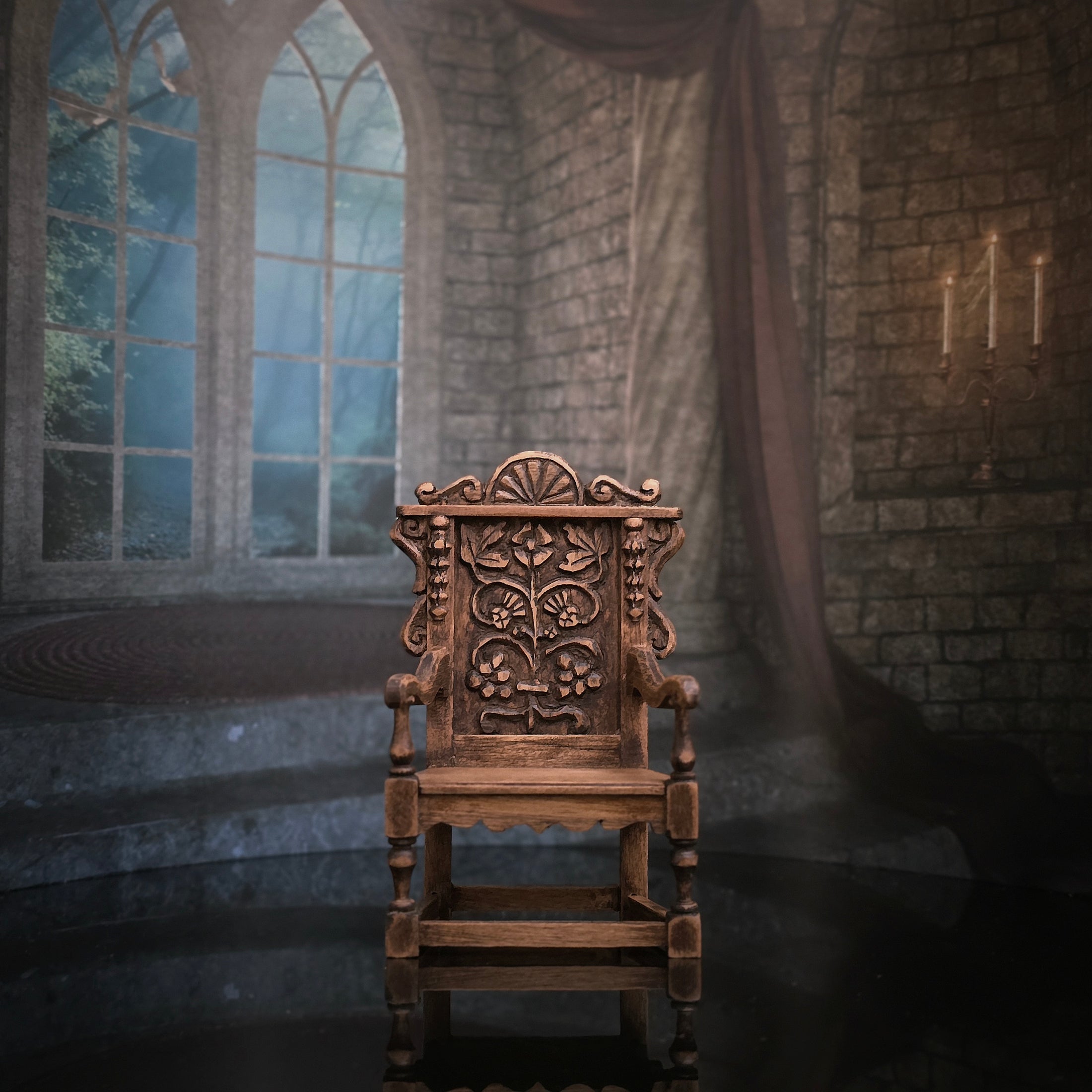 Hand-Carved Wood Tudor-Style Armchair with Floral Medallion Back