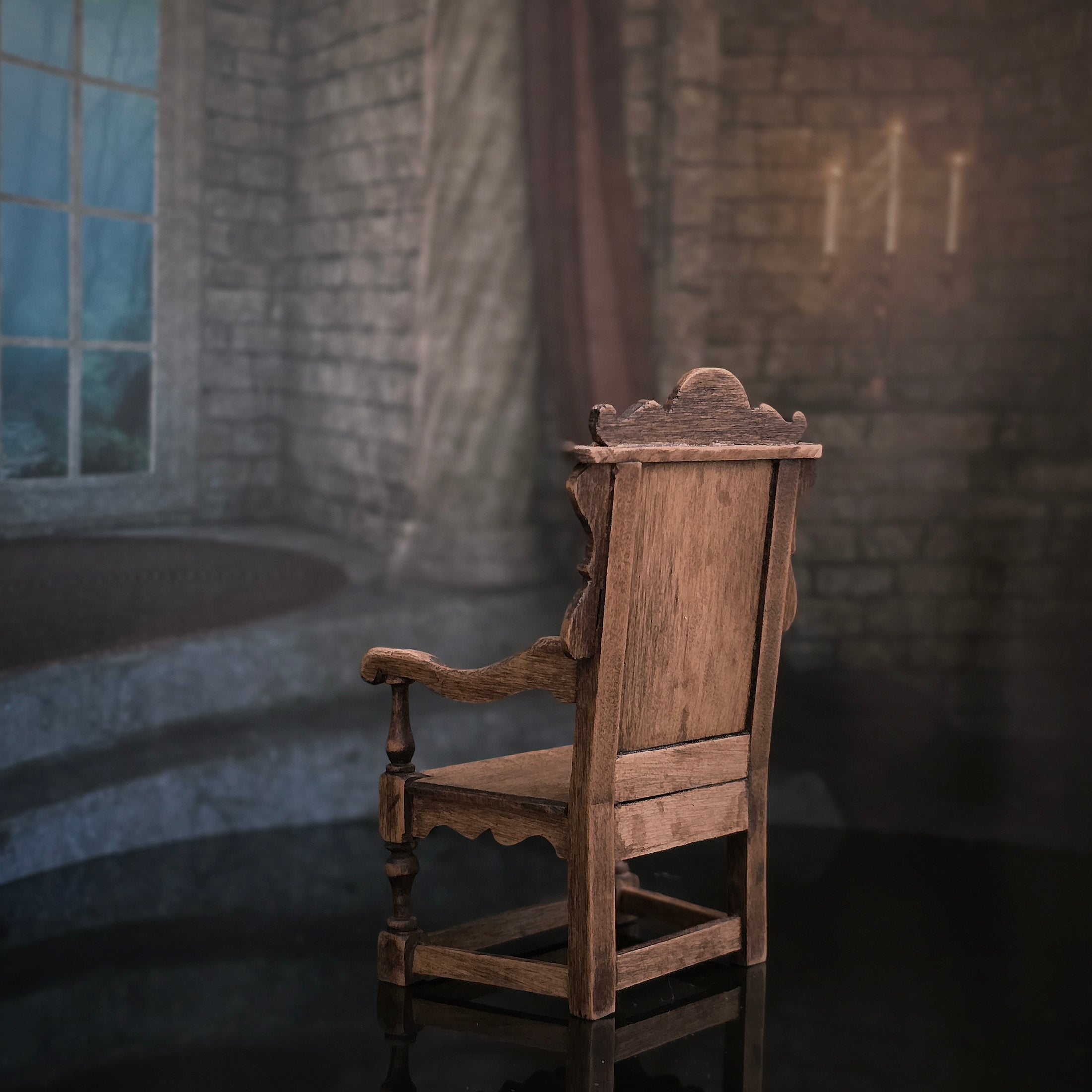 Hand-Carved Wood Tudor-Style Armchair with Floral Medallion Back