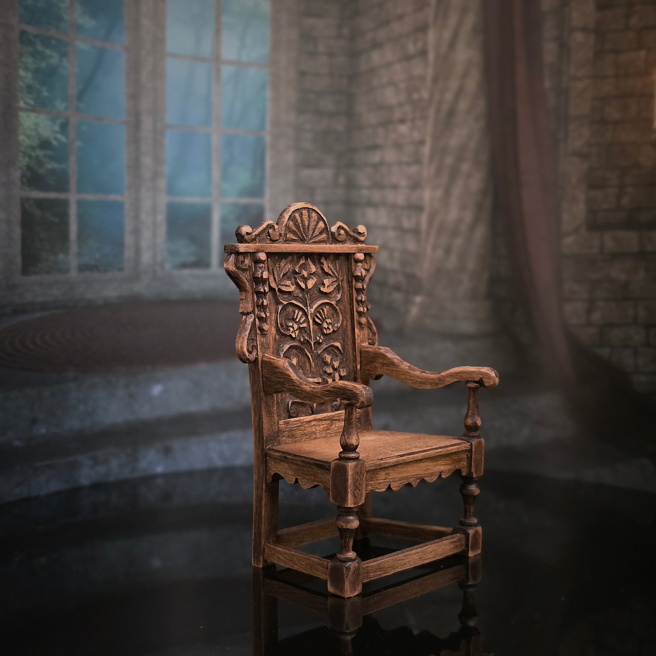Hand-Carved Wood Tudor-Style Armchair with Floral Medallion Back