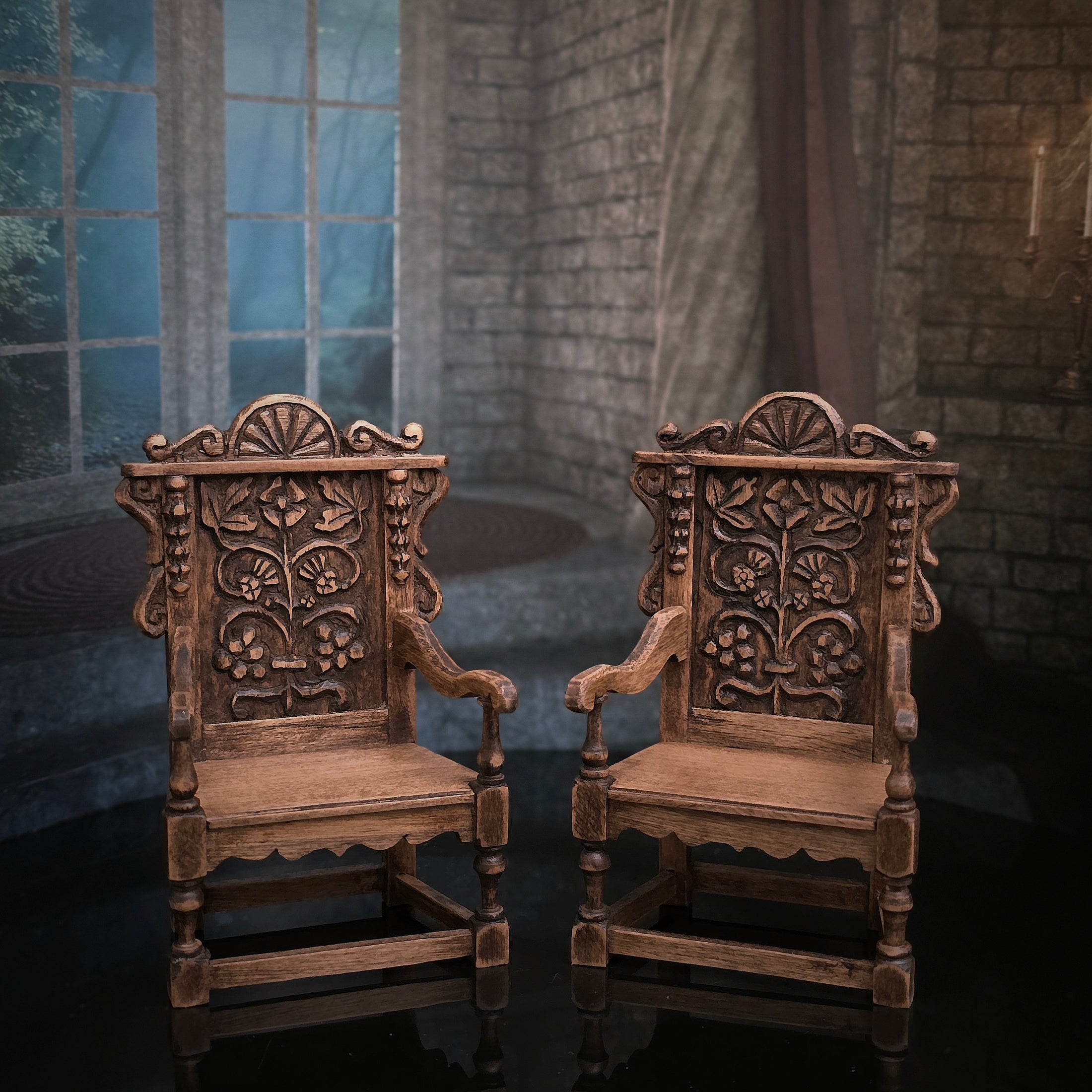 Hand-Carved Wood Tudor-Style Armchair with Floral Medallion Back