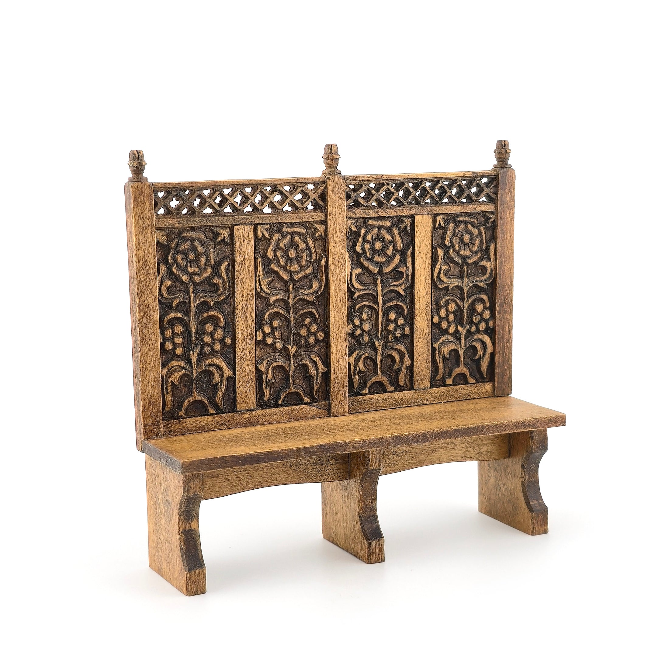 Hand-Carved Tall Back Ministure Wood Bench with Floral Panels & Pierced Crest