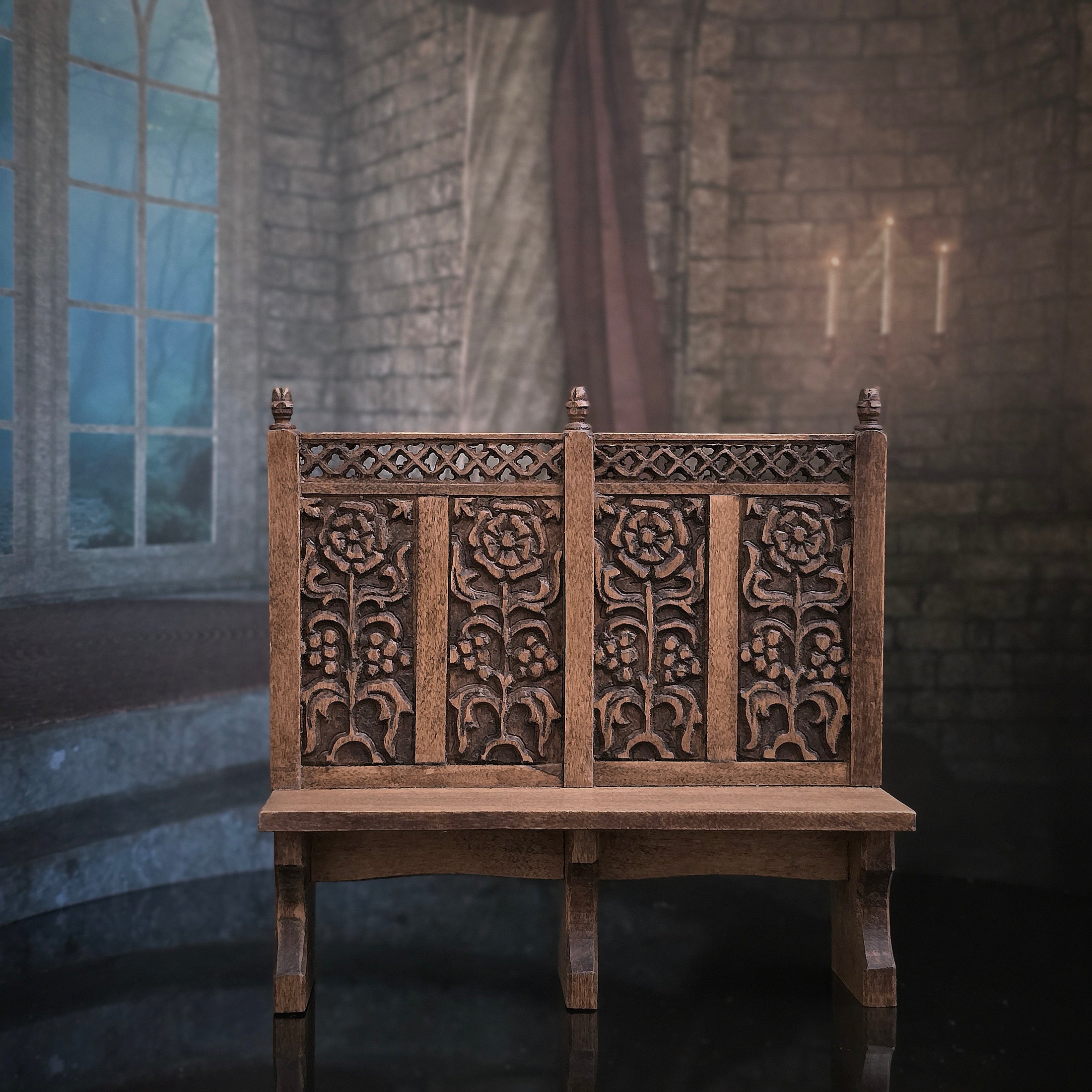 Hand-Carved Tall Back Ministure Wood Bench with Floral Panels & Pierced Crest