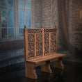 Load image into Gallery viewer, Hand-Carved Tall Back Ministure Wood Bench with Floral Panels & Pierced Crest
