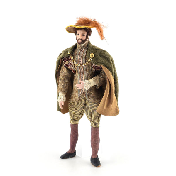 Tudor Gentleman Porcelain Doll in Silk & Velvet Cape with Feathered Hat