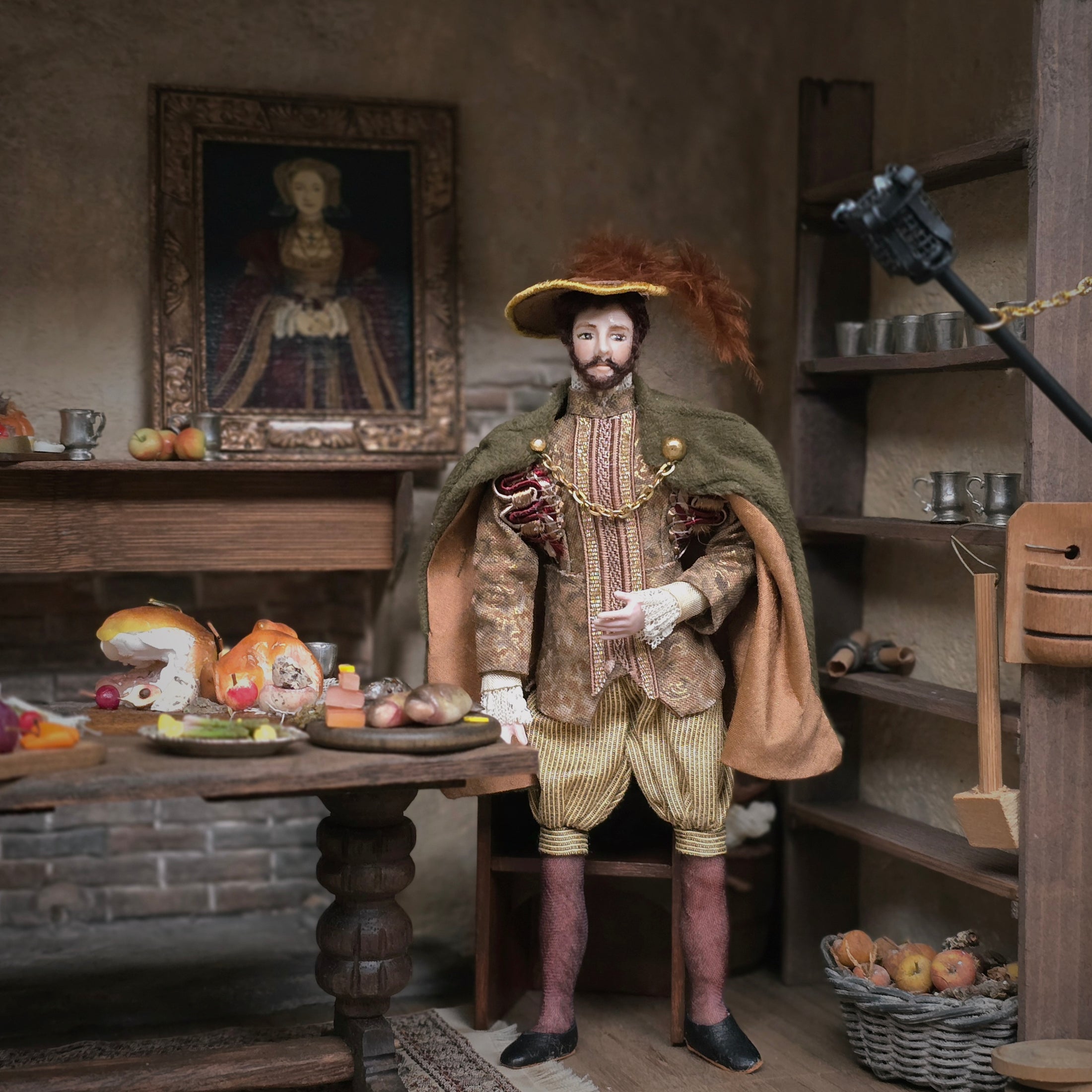 Tudor Gentleman Porcelain Doll in Silk & Velvet Cape with Feathered Hat