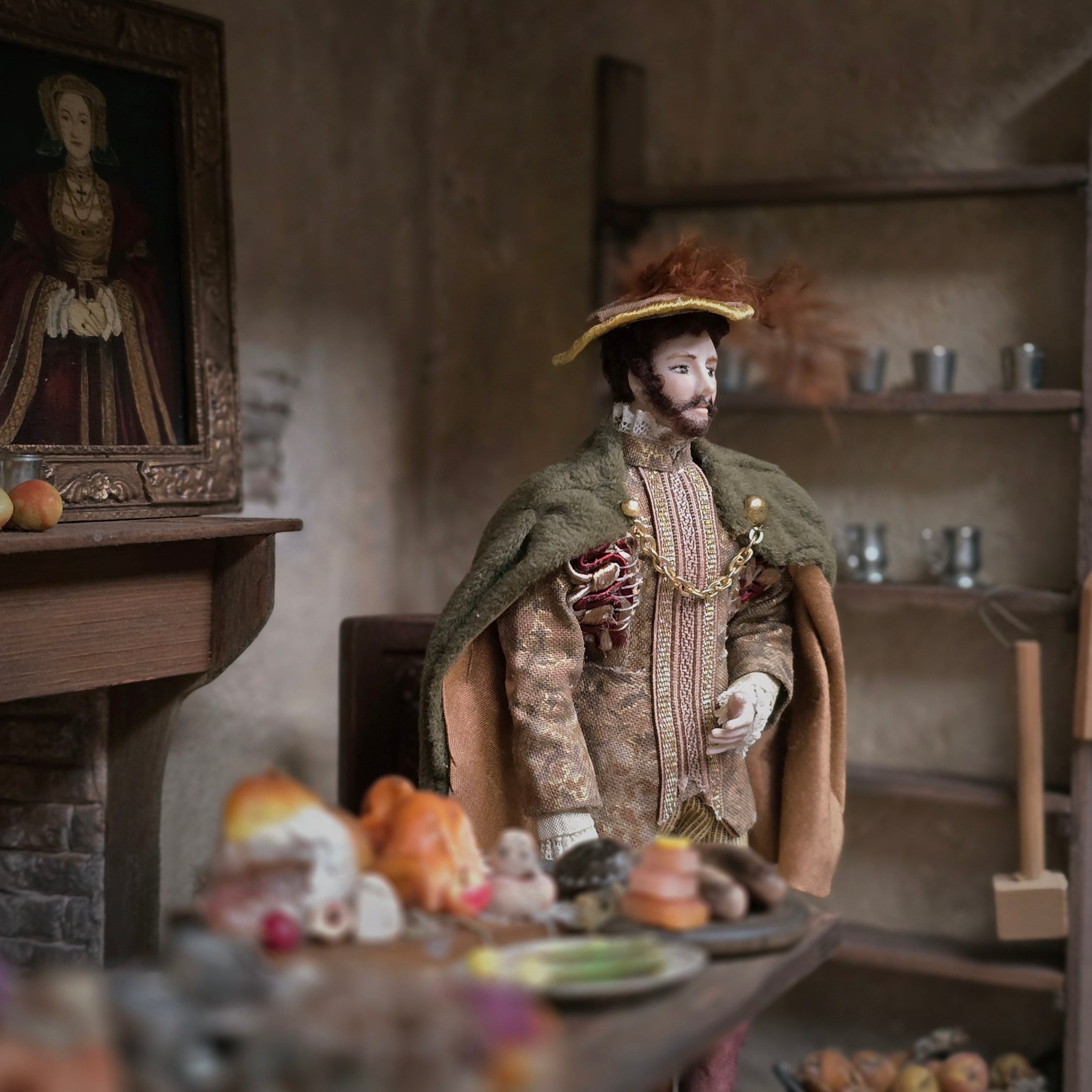 Tudor Gentleman Porcelain Doll in Silk & Velvet Cape with Feathered Hat
